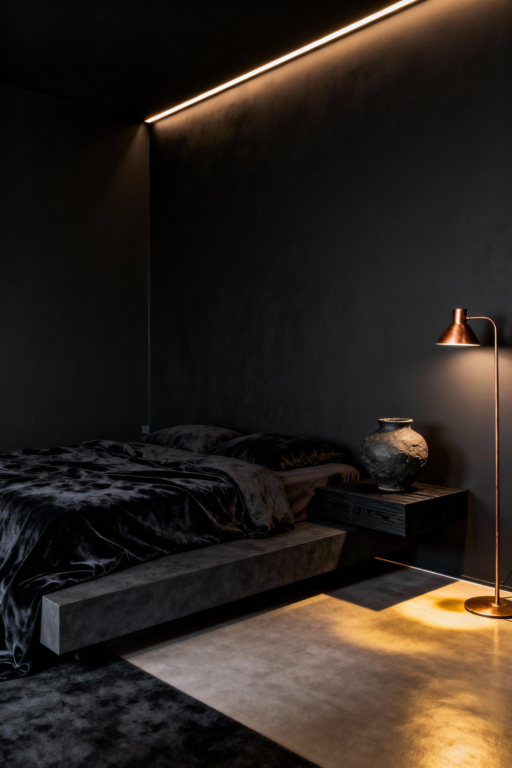 A luxurious black bedroom featuring walls painted in an ultra-matte, non-reflective finish, creating a "velvet wall" effect that absorbs light for a visually silent, sophisticated aesthetic.