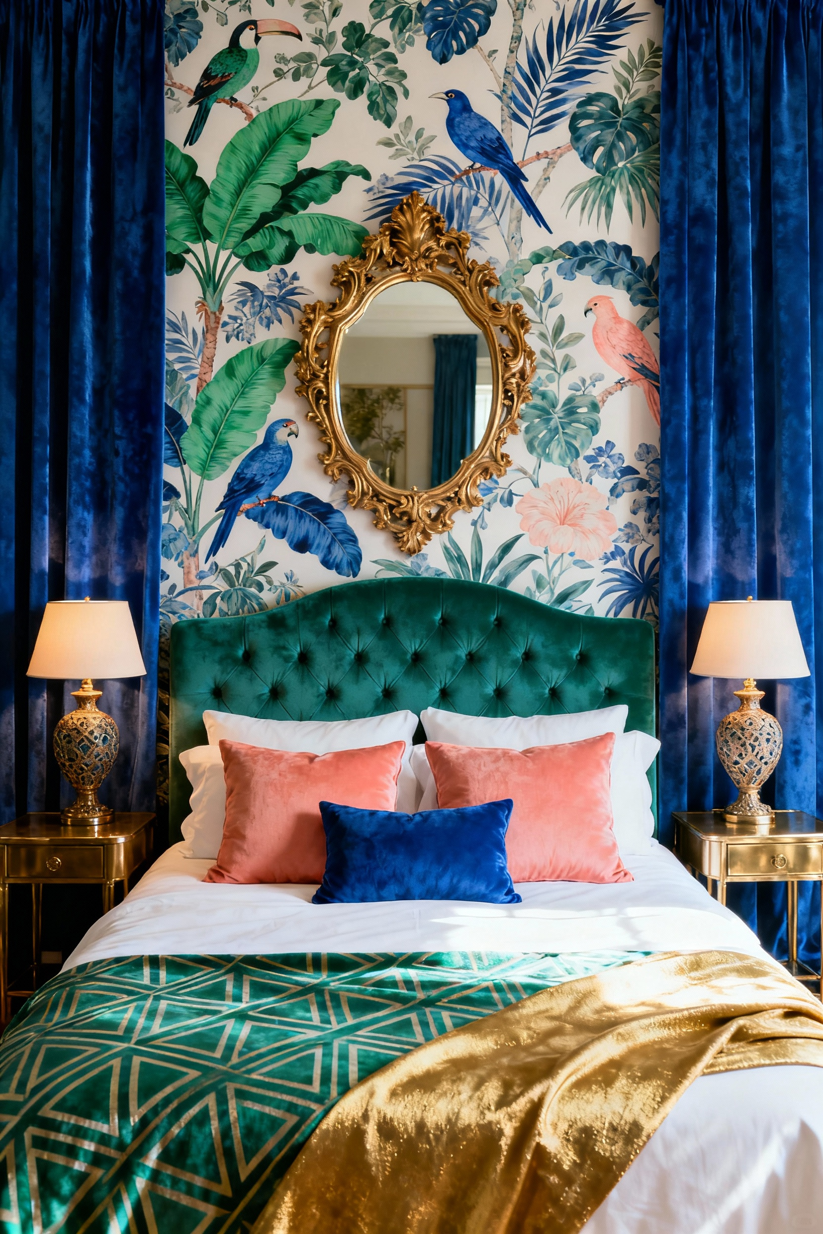 Maximalist master bedroom featuring bold emerald and sapphire Chinoiserie wallpaper coordinated with matching patterned bedding and heavy velvet drapes.