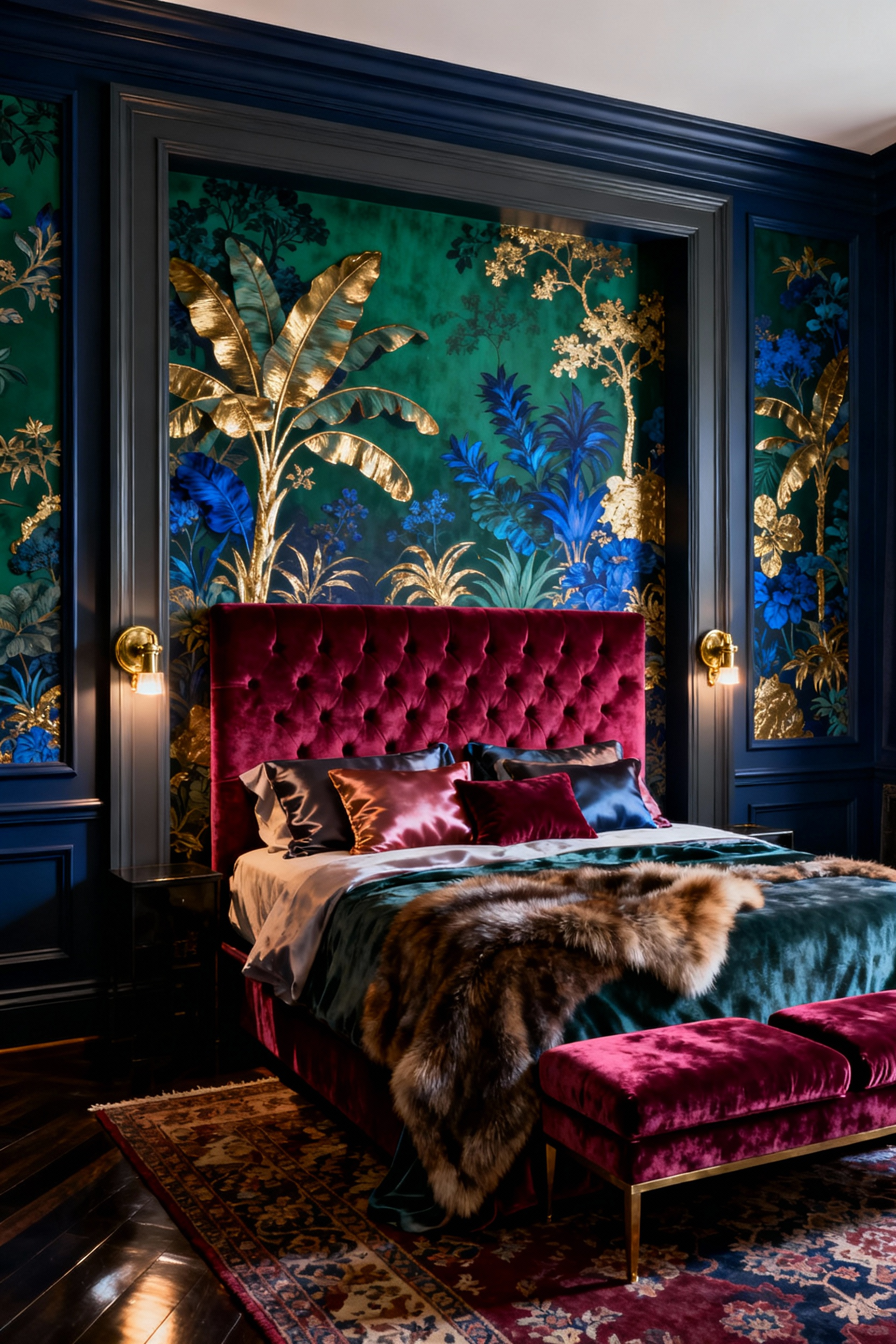 A maximalist bedroom featuring a dramatic, gold-accented botanical wallpaper accent wall recessed by navy painted molding behind a ruby red tufted velvet headboard, illustrating the concept of the wall as an architectural anchor.