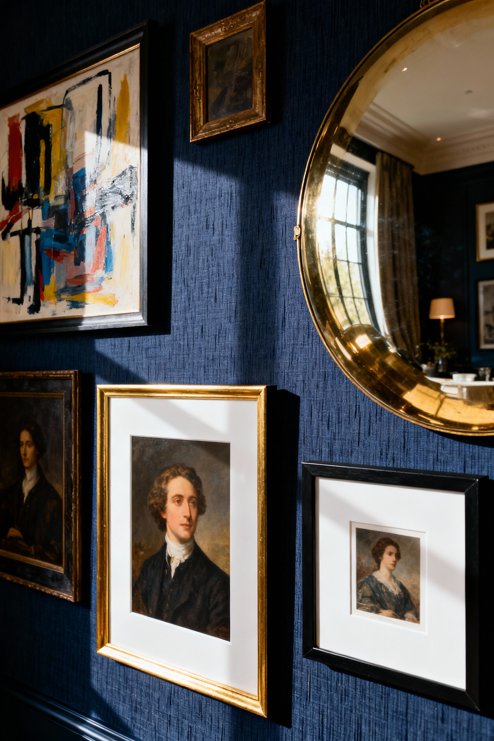 Maximalist bedroom accent wall featuring dark navy grasscloth wallpaper layered with a high-contrast gallery wall using oversized white mats and brass frames.