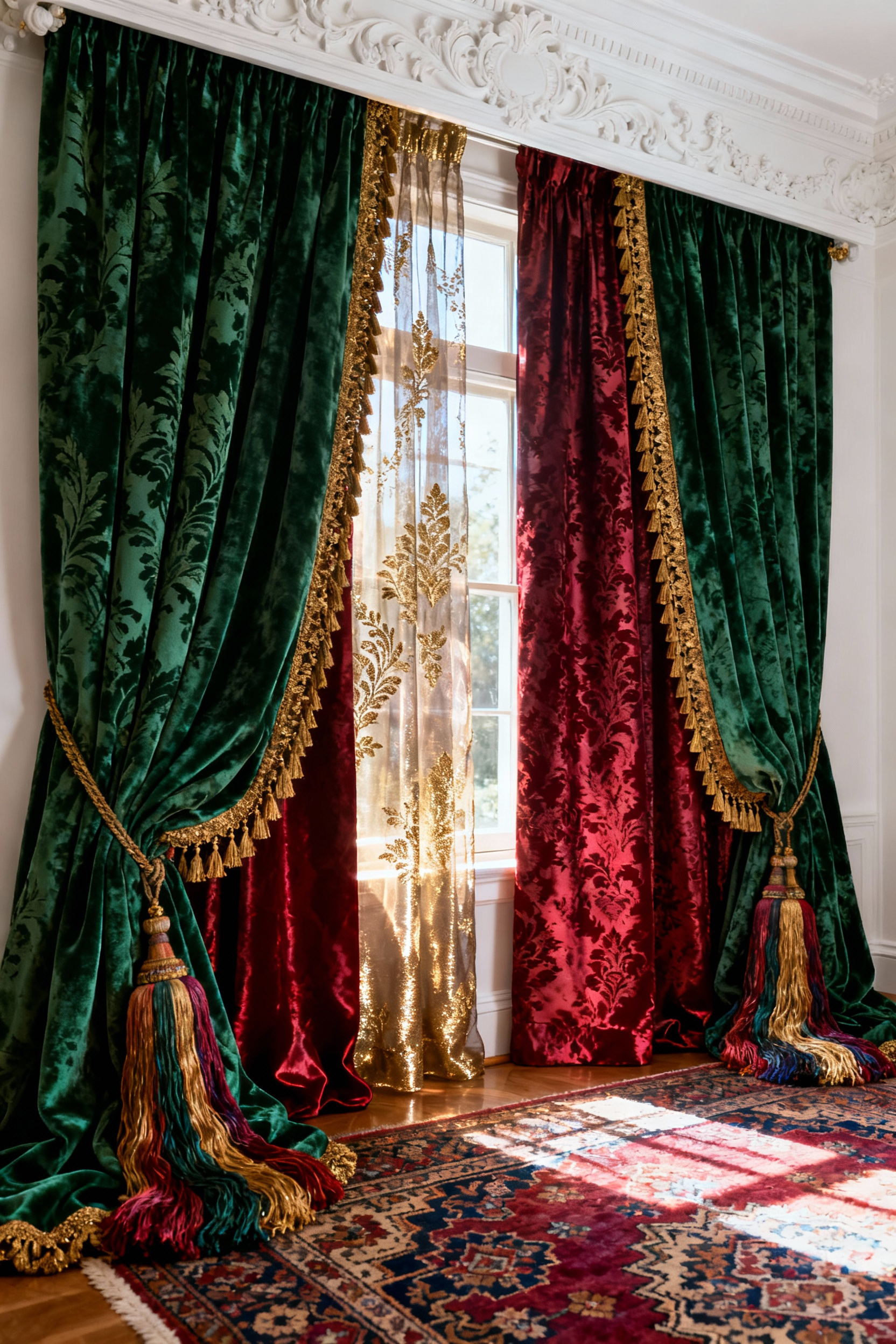 Floor-to-ceiling maximalist window treatments featuring heavy forest green velvet drapes trimmed with antique gold bullion fringe and silk tassels, pooling dramatically onto a colorful patterned rug in an opulent living room.