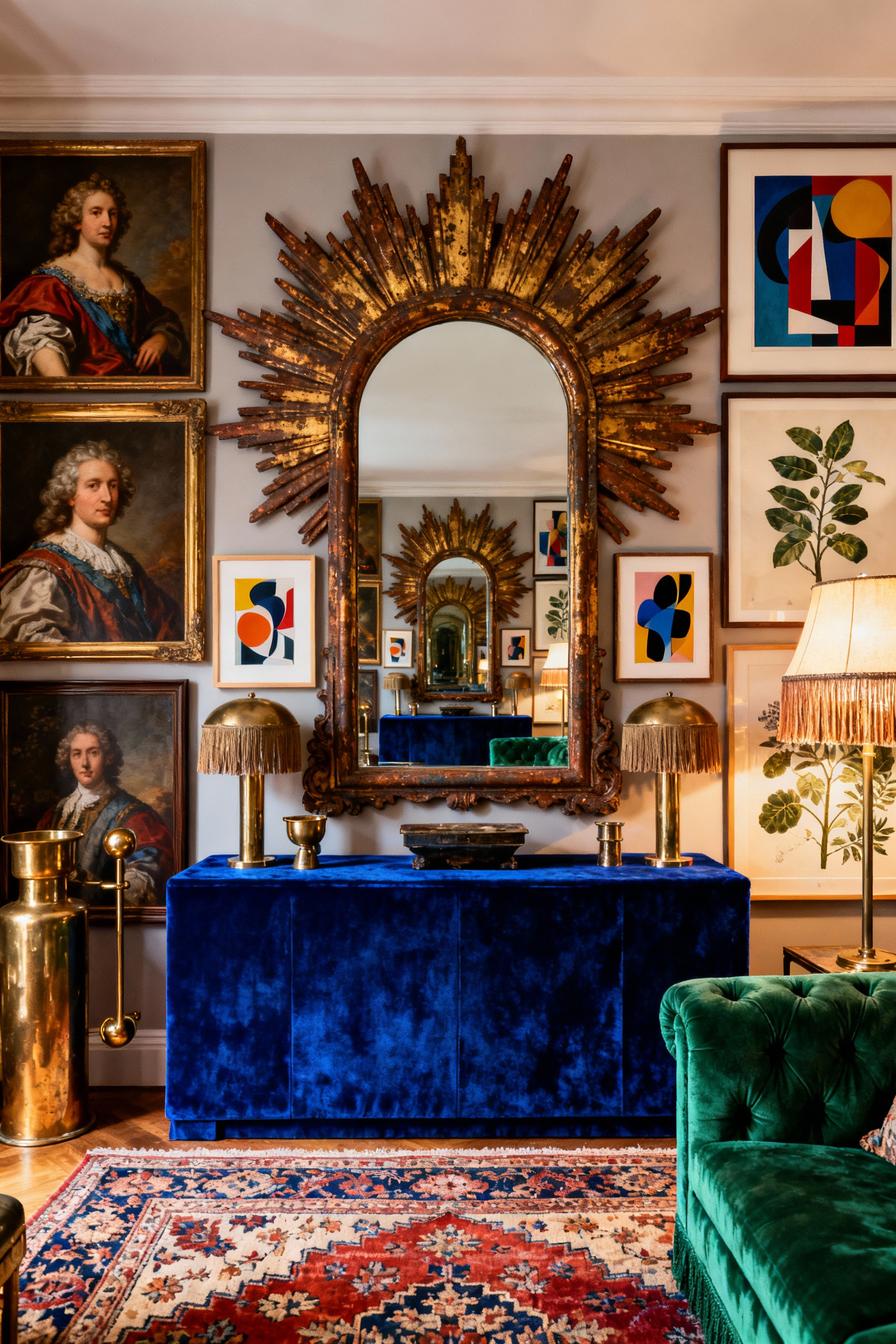A maximalist living room featuring a massive, ornate gilded Sunburst mirror strategically reflecting a floor-to-ceiling eclectic gallery wall, dramatically multiplying the visual density and color.