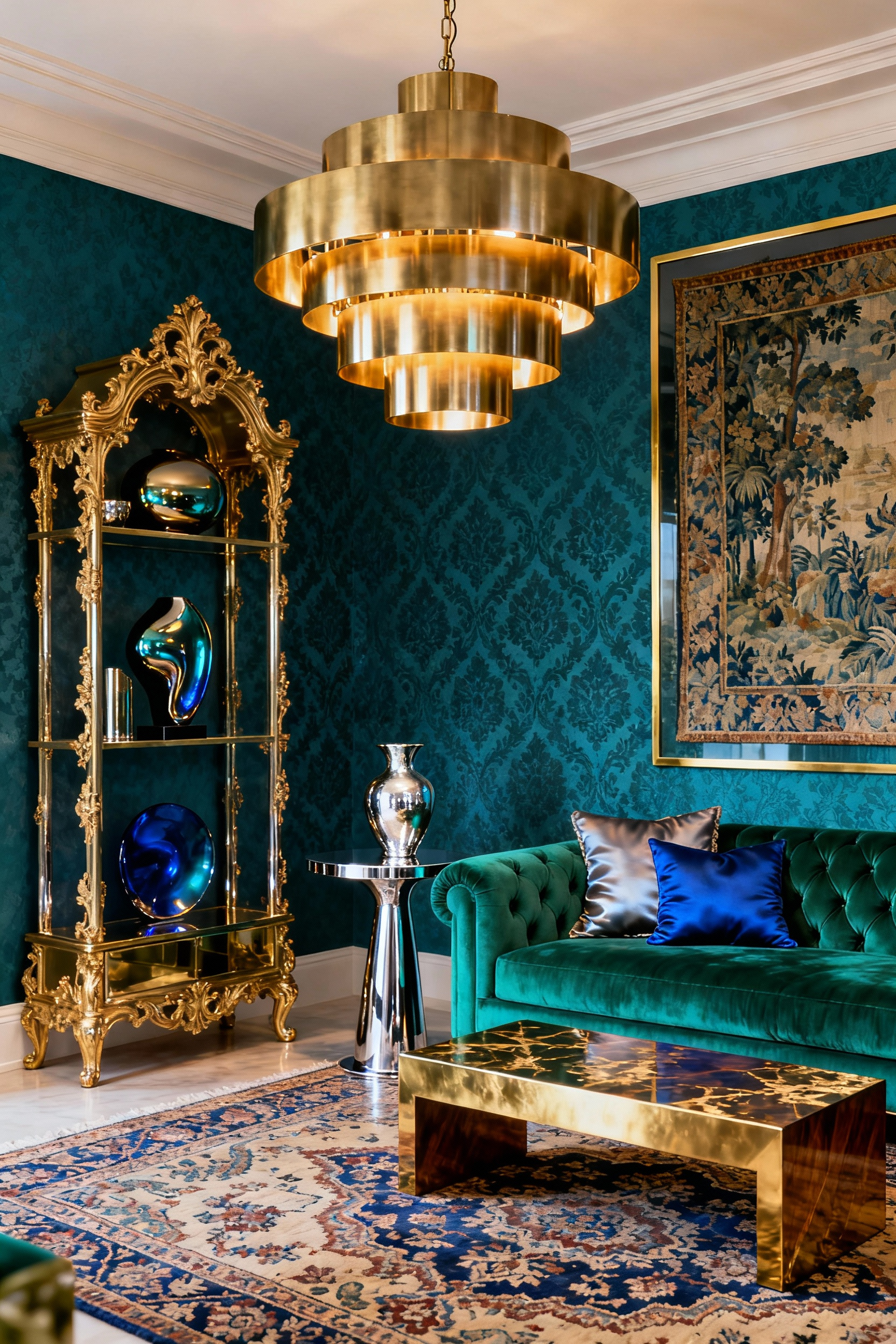 A luxurious, maximalist living room featuring intentionally mixed metal accents, including a brushed brass chandelier, polished gold shelving, and a sleek chrome side table against a backdrop of emerald velvet and sapphire blue damask wallpaper.