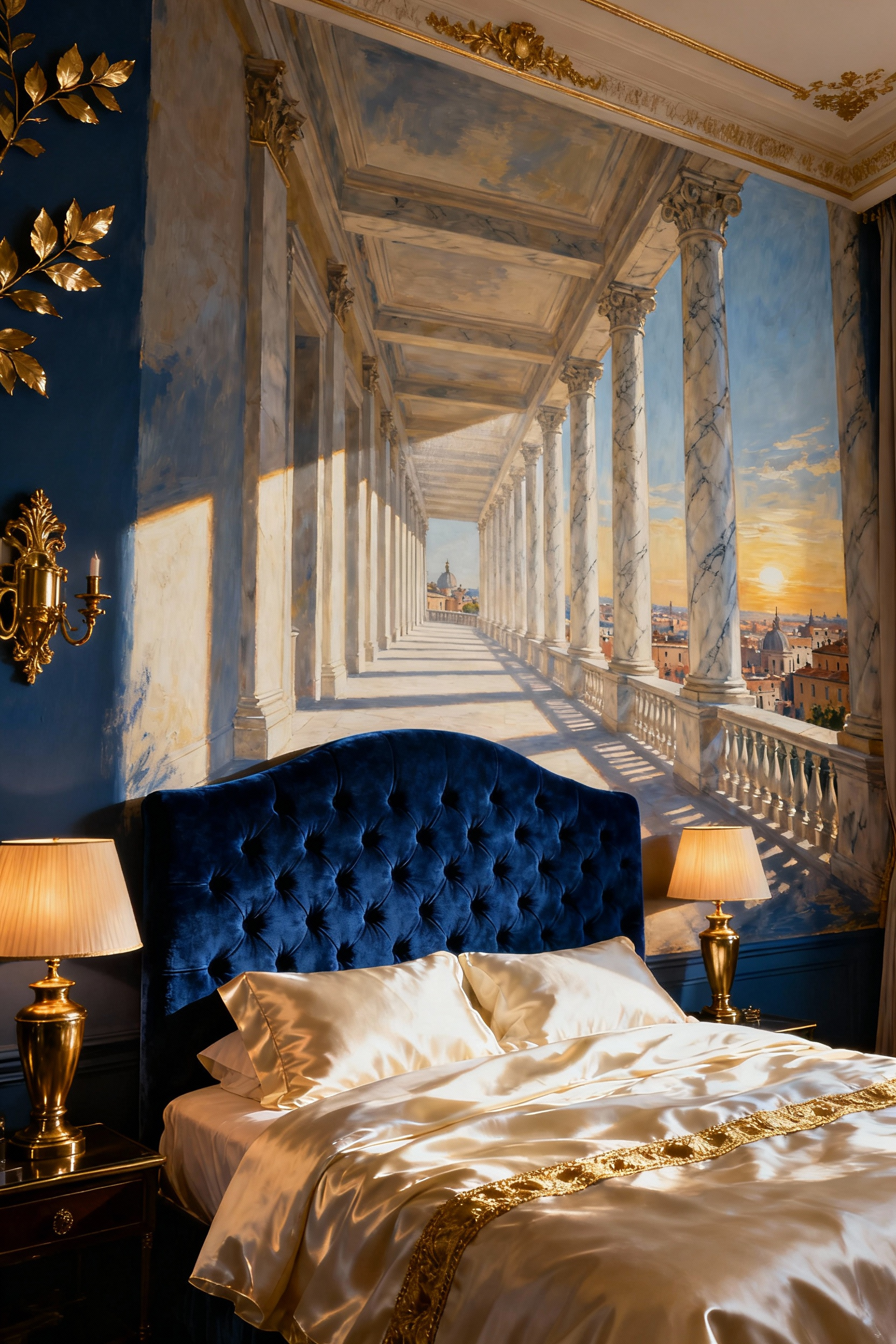 A maximalist bedroom featuring a dramatic trompe-l'œil wallpaper accent wall depicting receding marble colonnades leading to a sunlit cityscape, creating an illusion of extreme depth and palatial grandeur.