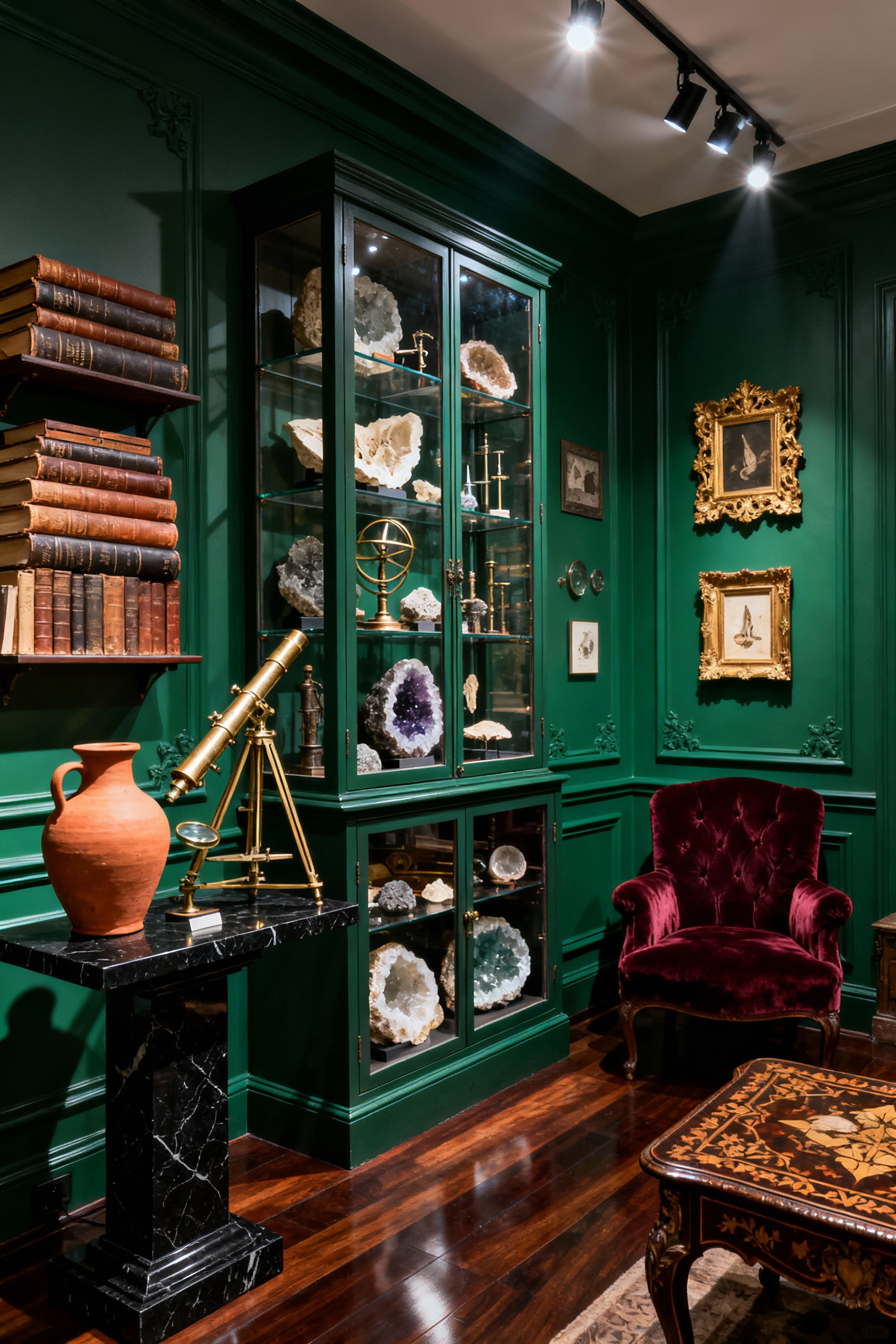 A highly curated *Wunderkammer* display cabinet in a maximalist living room, showcasing a meticulous collection that juxtaposes rustic clay pots and modern brass instruments, achieving a look of museum authority under dramatic spotlighting.