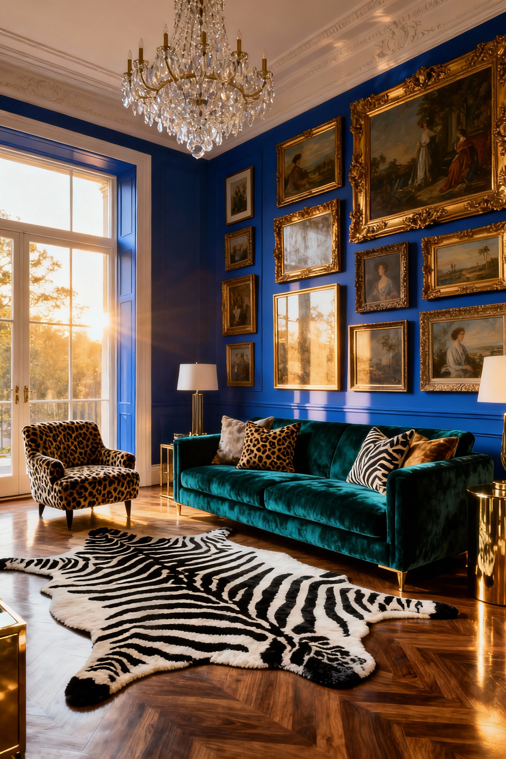 Maximalist living room featuring a large zebra-print rug anchoring a vibrant space filled with emerald velvet seating and sapphire blue walls, demonstrating how animal prints function as sophisticated neutrals against jewel tones.