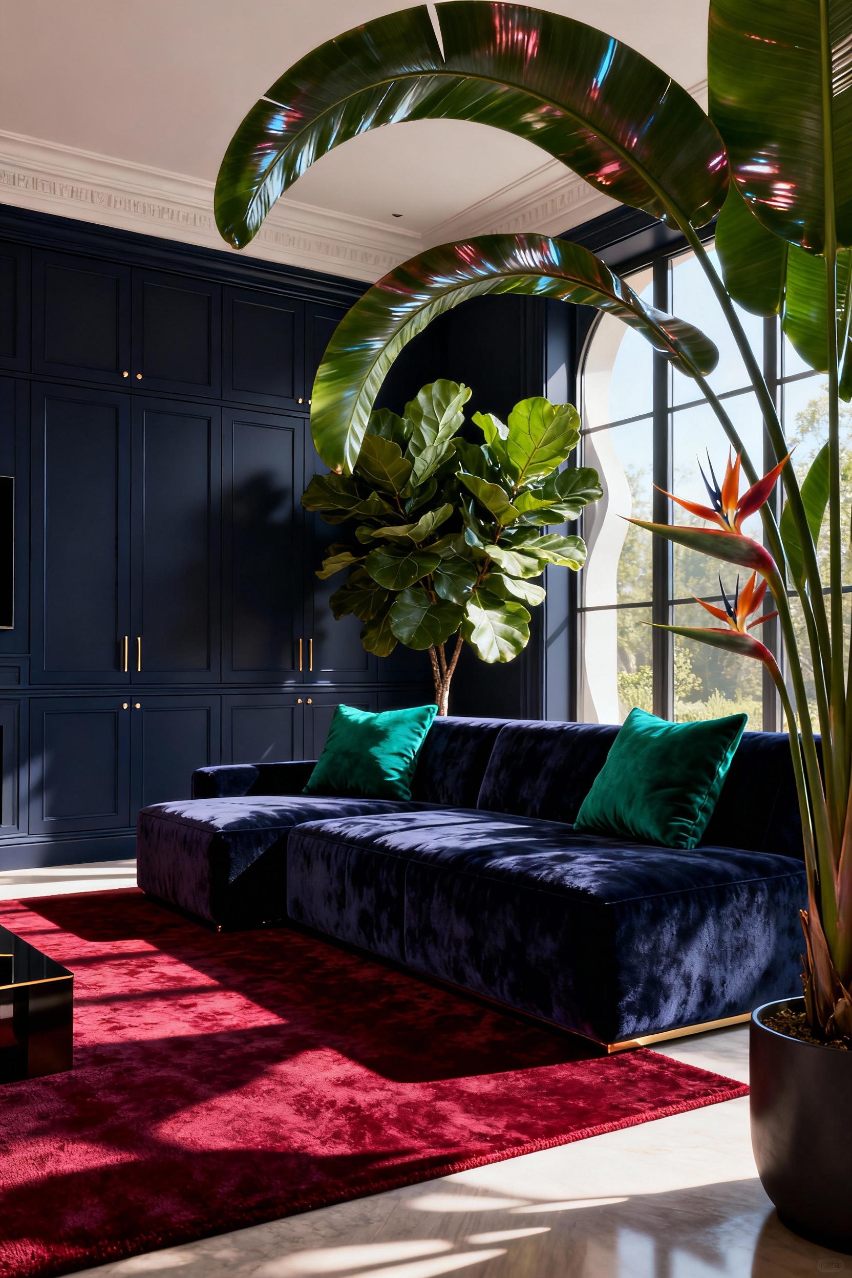 A maximalist living room featuring massive, sculptural plants (Fiddle-leaf Fig and Bird of Paradise) deliberately placed to soften the hard, geometric lines of the navy velvet sectional and blocky wall cabinetry.