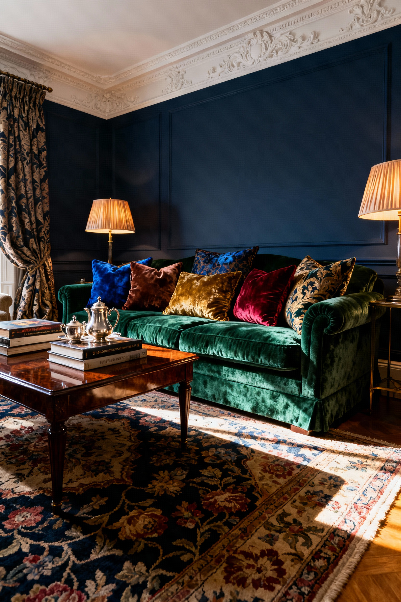 A highly detailed maximalist formal living room featuring a deep green chenille sofa layered with numerous silk and velvet jewel-toned cushions, emphasizing rich textures and unapologetic comfort over stiff formality.