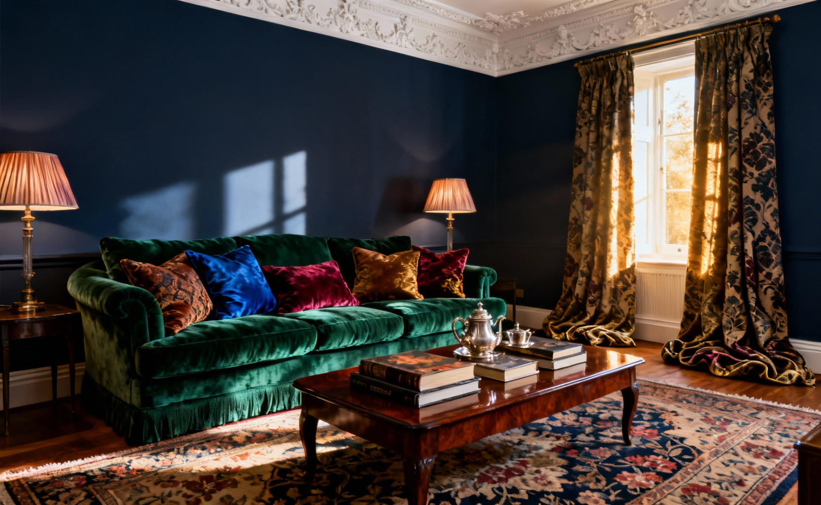 A highly detailed maximalist formal living room featuring a deep green chenille sofa layered with numerous silk and velvet jewel-toned cushions, emphasizing rich textures and unapologetic comfort over stiff formality.