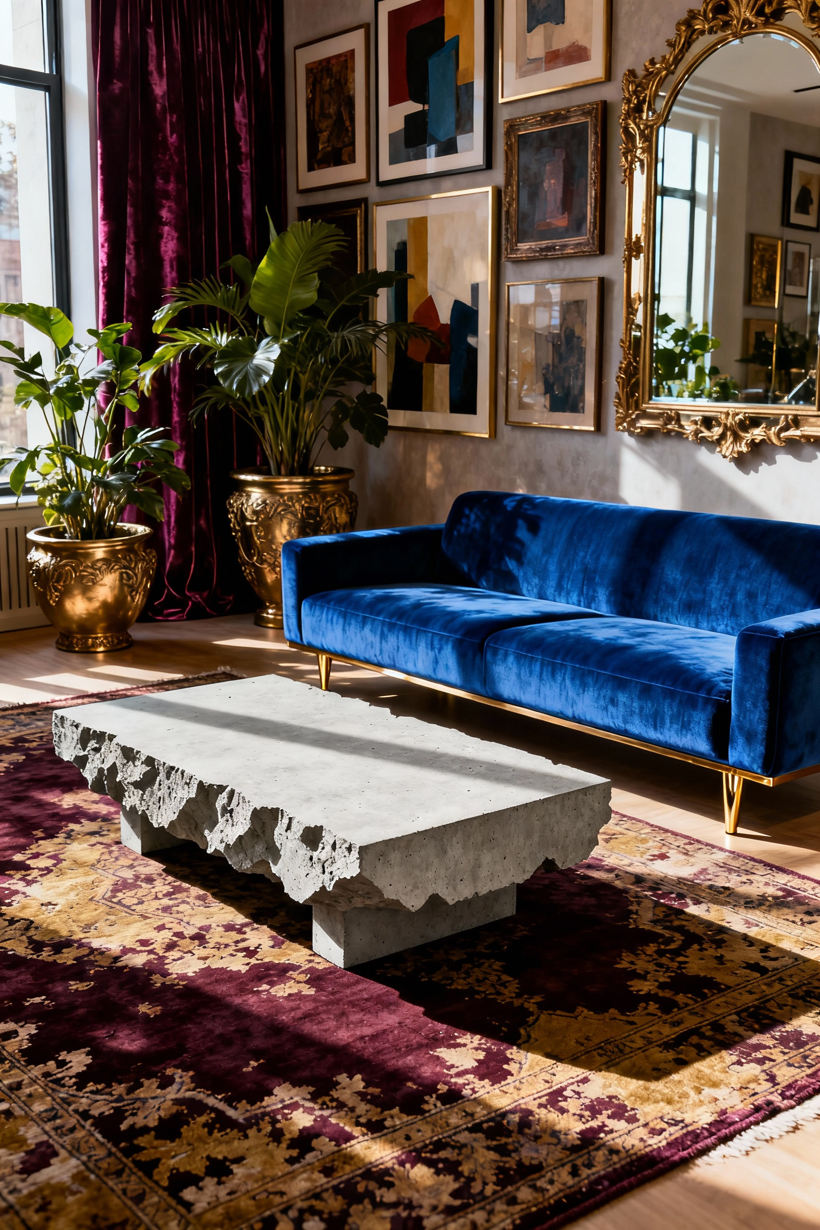A maximalist living room scene showcasing the 'anti-matchy' coffee table strategy: A jagged, raw Brutalist concrete coffee table sits in stark visual contrast to a sleek sapphire velvet sofa, anchored on a distressed antique Persian rug beneath an eclectic gallery wall.