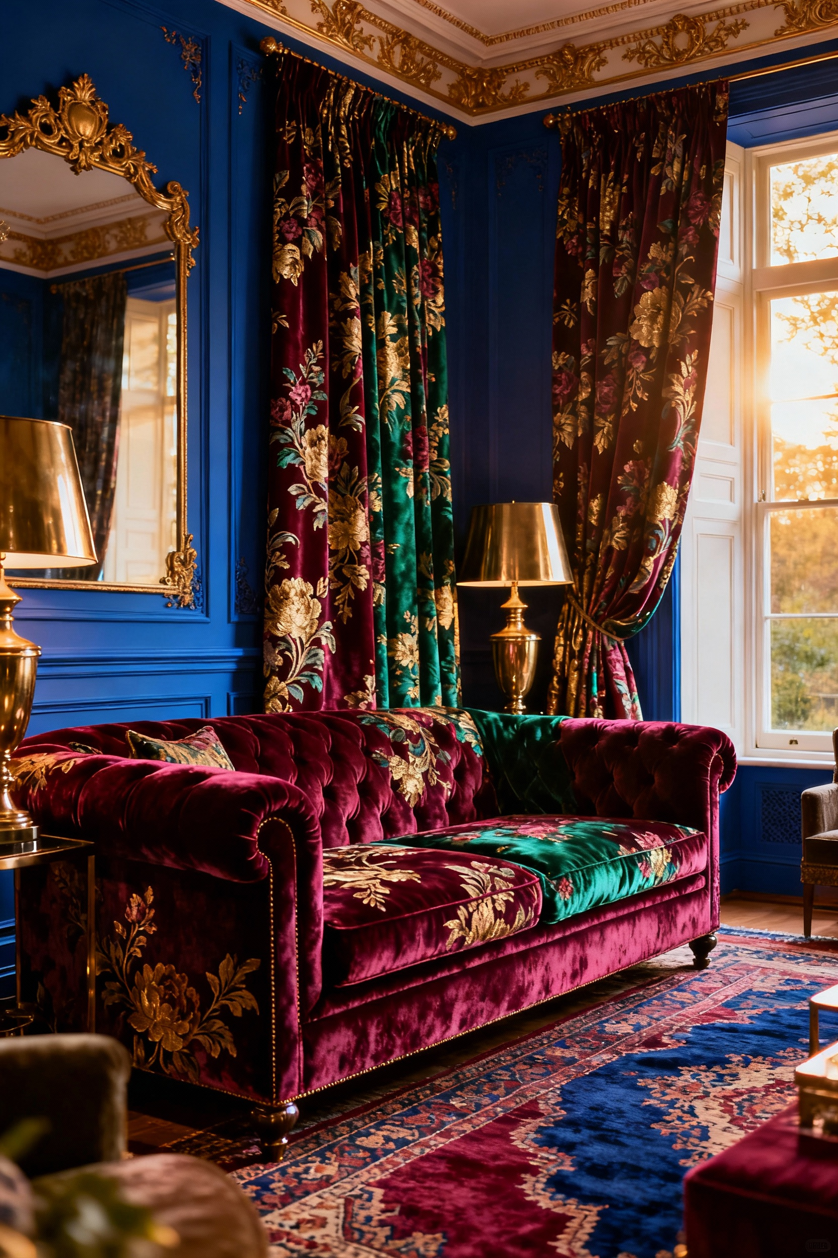 Opulent maximalist living room showcasing the Rule of Three in textile design, featuring a large velvet sofa and heavy drapery patterned with a sweeping, dominant large-scale floral damask motif.