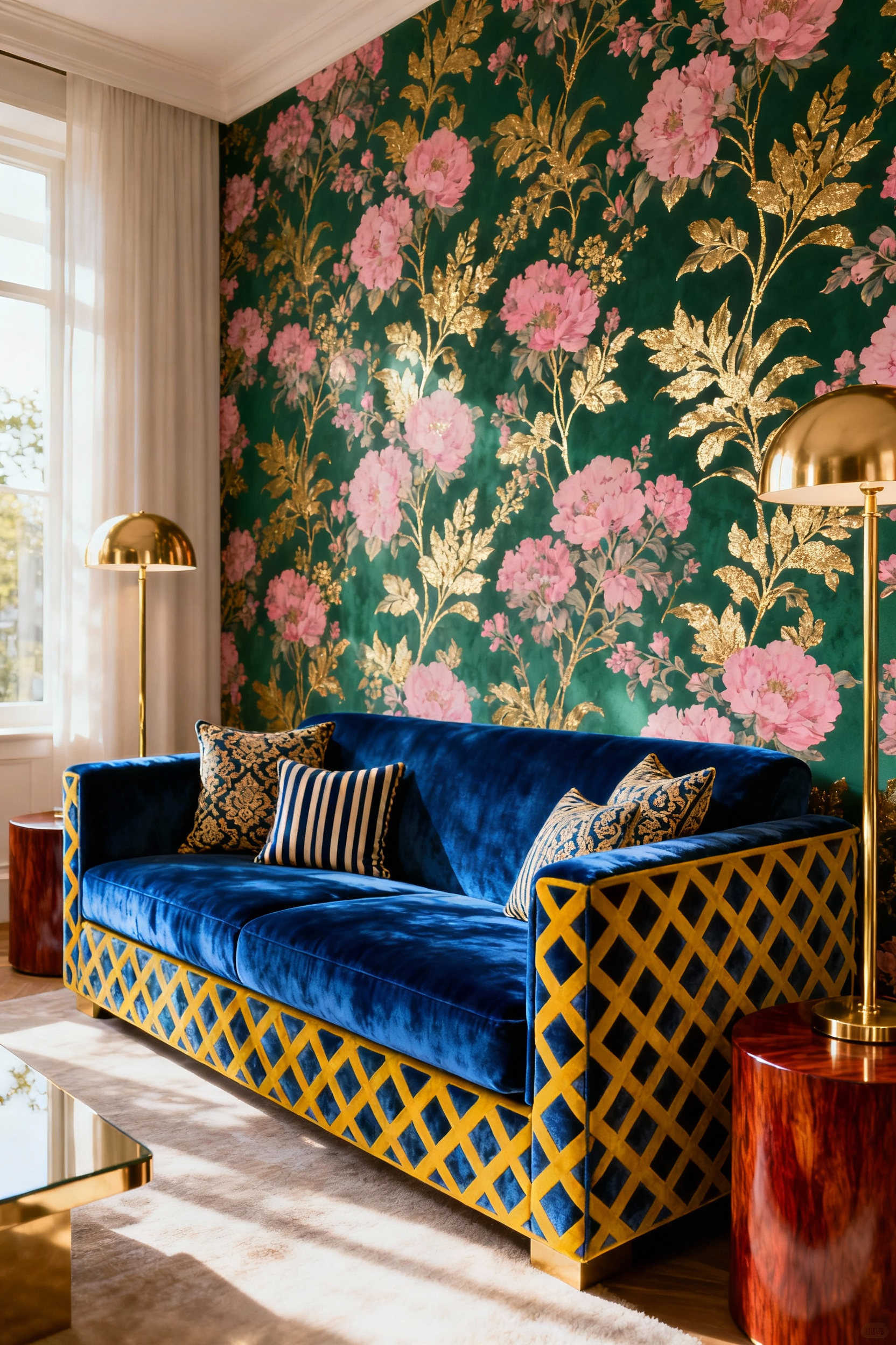 A luxurious, maximalist living room featuring layered patterns: large-scale emerald floral wallpaper, medium-scale geometric velvet sofa upholstery, and small-scale patterned pillows, all anchored by polished brass accents and jewel tones.