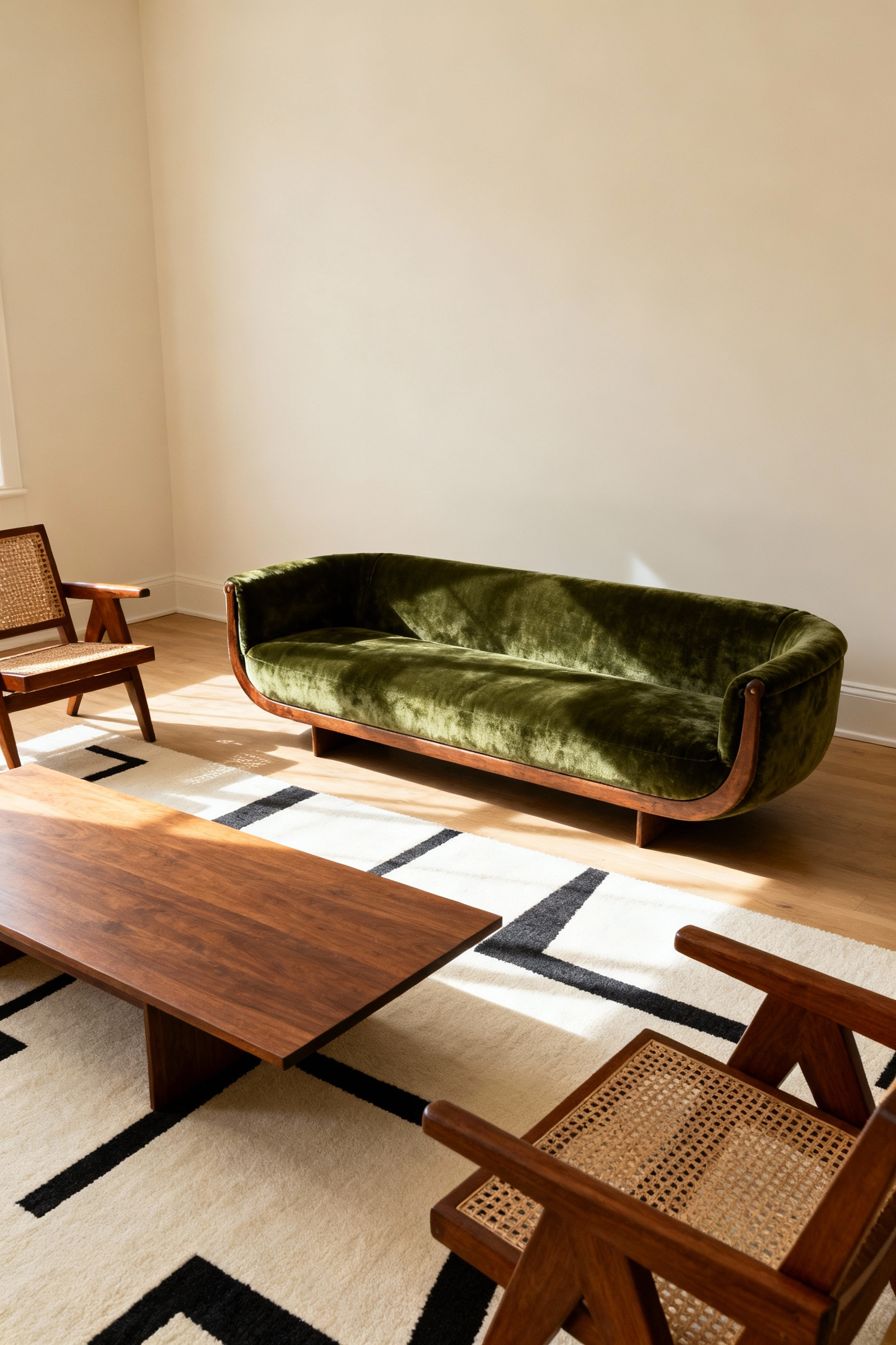 A professionally styled mid-century modern living room showcasing a floating furniture layout centered around a large olive green Pearsall-style gondola sofa, illustrating the concept of a cozy conversation island built around a central focal point.