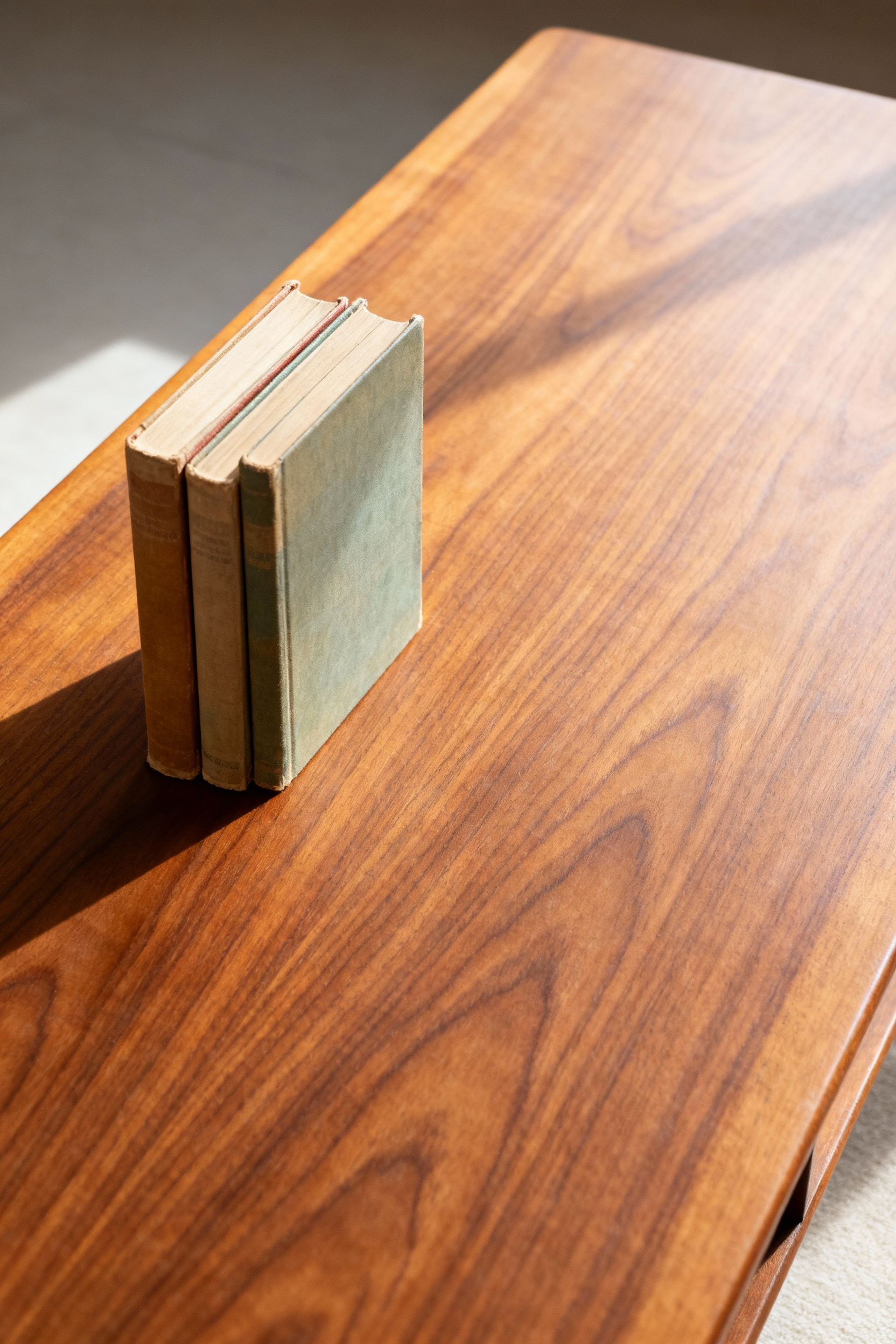 High-angle photo of a restored mid-century modern teak coffee table surface styled using the Rule of Thirds. A stack of vintage art books sits deliberately on the left side, leaving intentional negative space on the rest of the richly grained wood.
