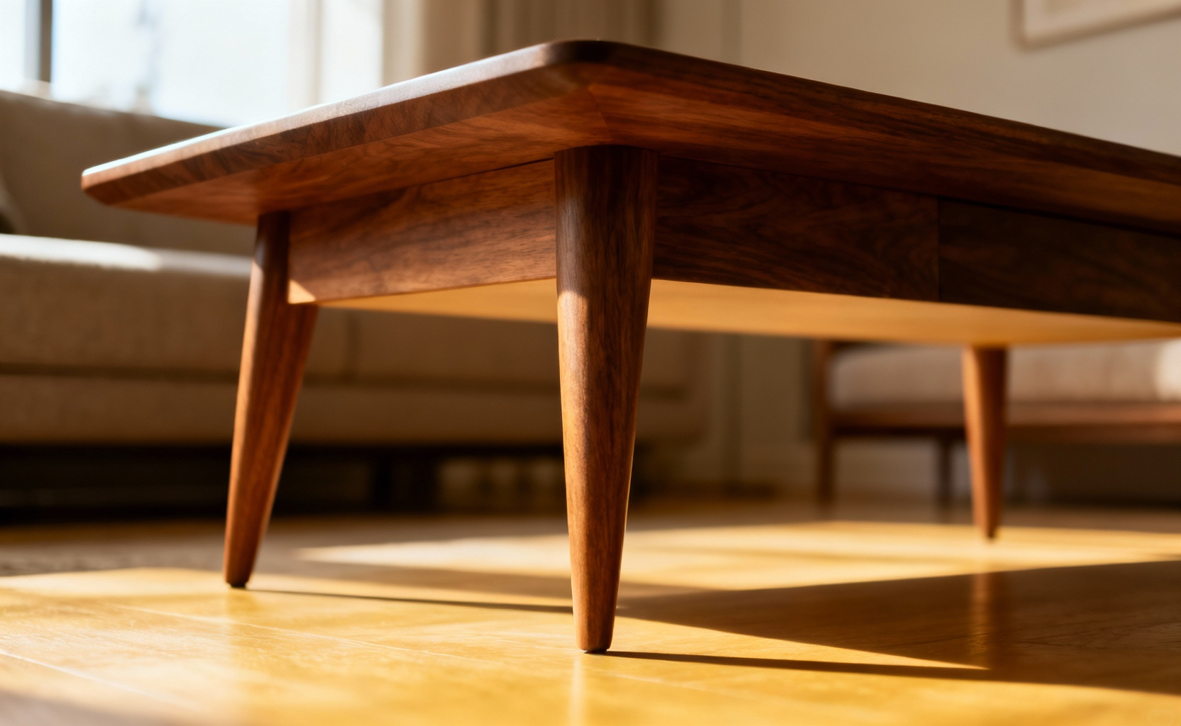 A low-angle shot of a Mid-Century Modern walnut surfboard coffee table featuring tapered, splayed legs that create a floating effect, emphasizing negative space and lightness.