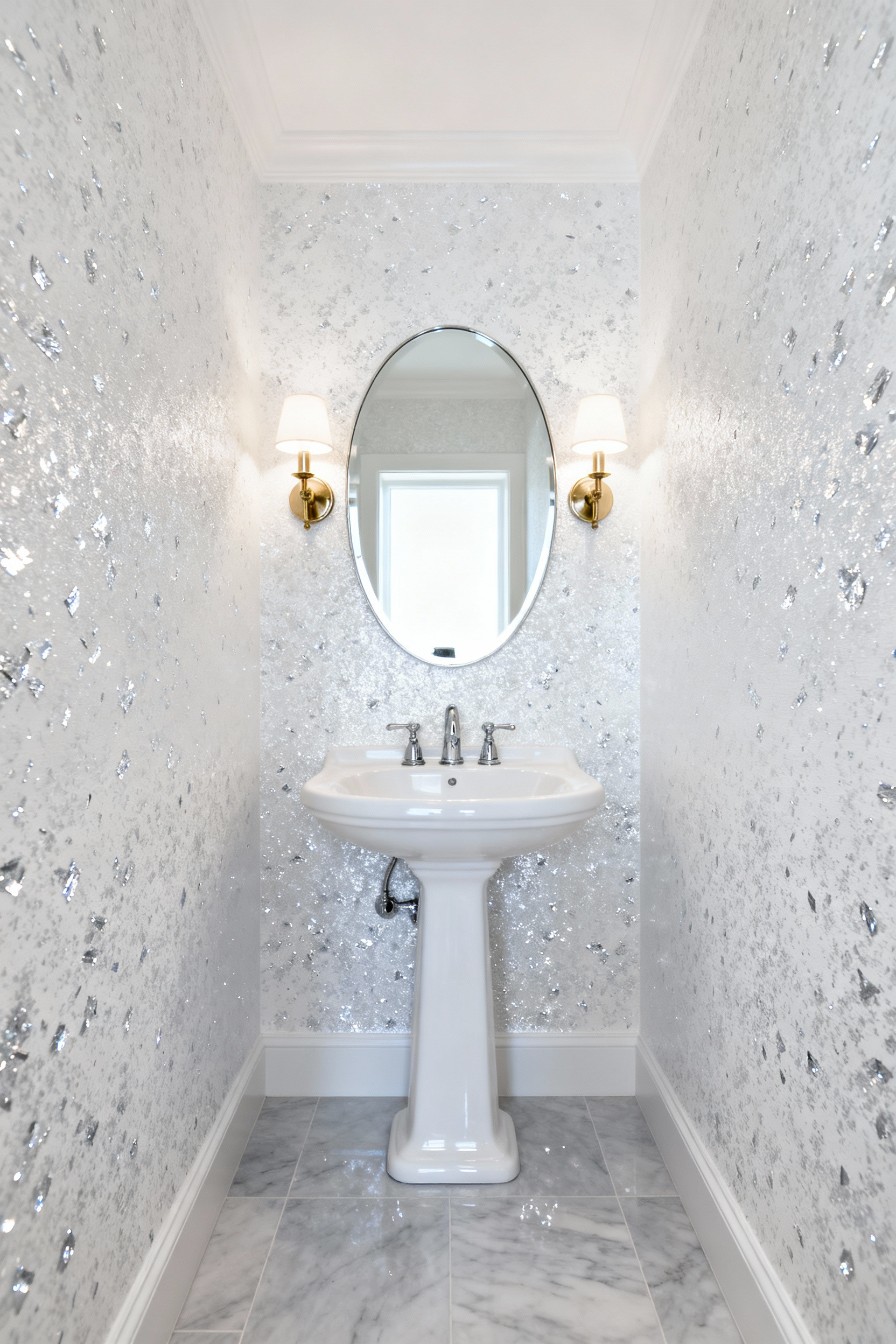A bright, small transitional bathroom featuring soft white wallpaper embedded with reflective silver mica, making the space appear larger and brighter by scattering ambient light from the polished fixtures and wall sconces.