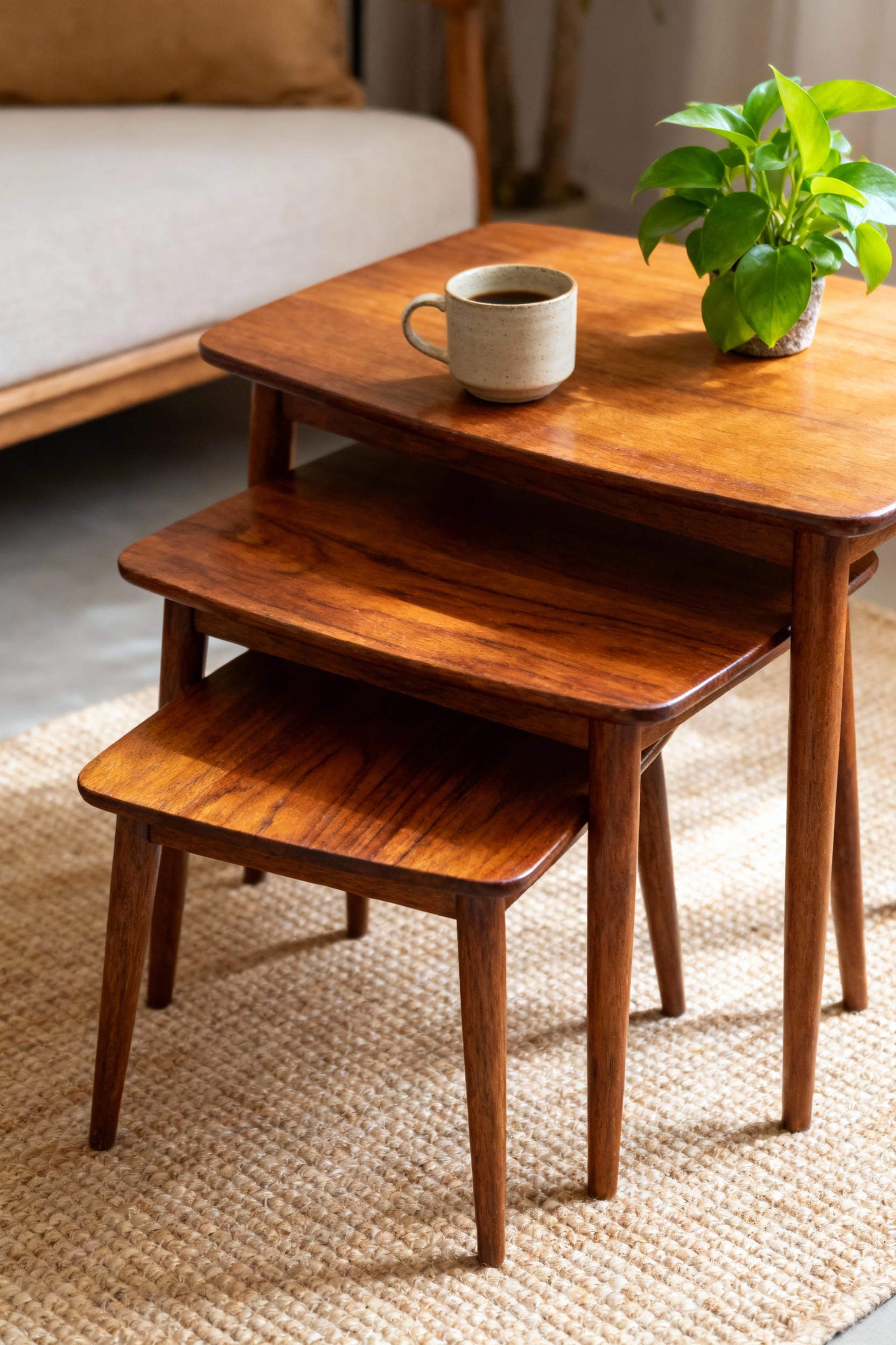 A set of three beautifully restored mid-century teak nesting tables pulled apart on a rug in a modern living room, demonstrating a flexible and modular coffee table solution.