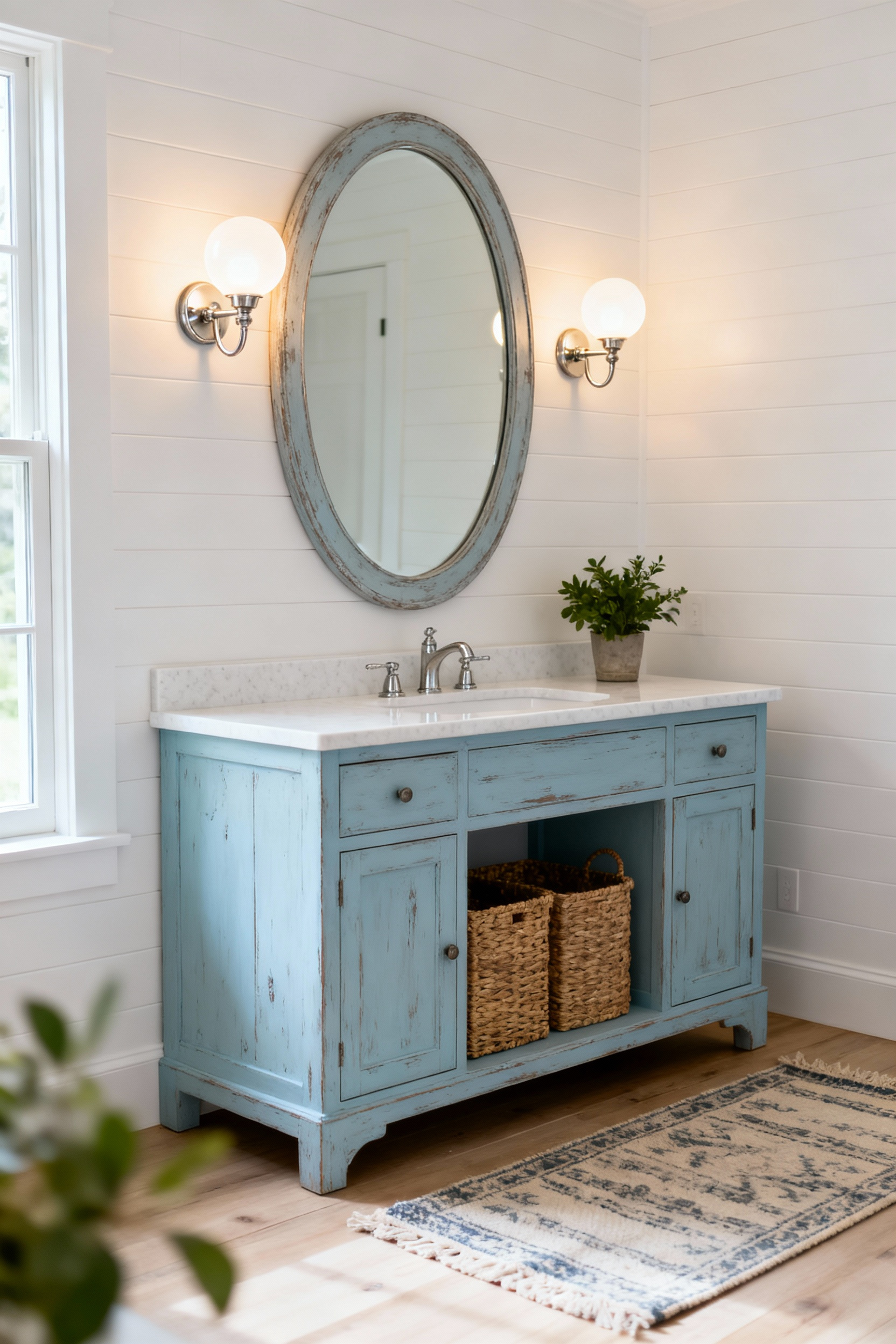 A detailed view of a serene country bathroom vanity featuring white shiplap walls, a pale blue distressed wood vanity, and two illuminated opal milk glass globe sconces providing soft, diffused lighting.