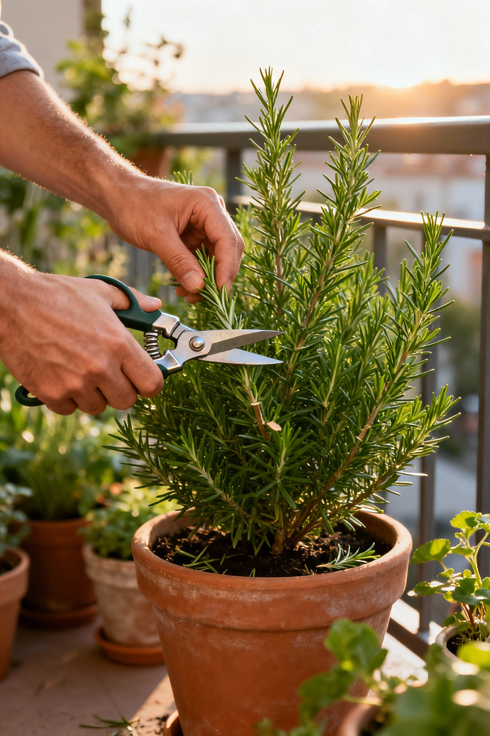 Skilled hands carefully pruning a healthy rosemary plant with bypass pruners in a sunlit balcony garden, demonstrating mindful plant shaping for robust health and aesthetic appeal amidst other vibrant potted greenery.