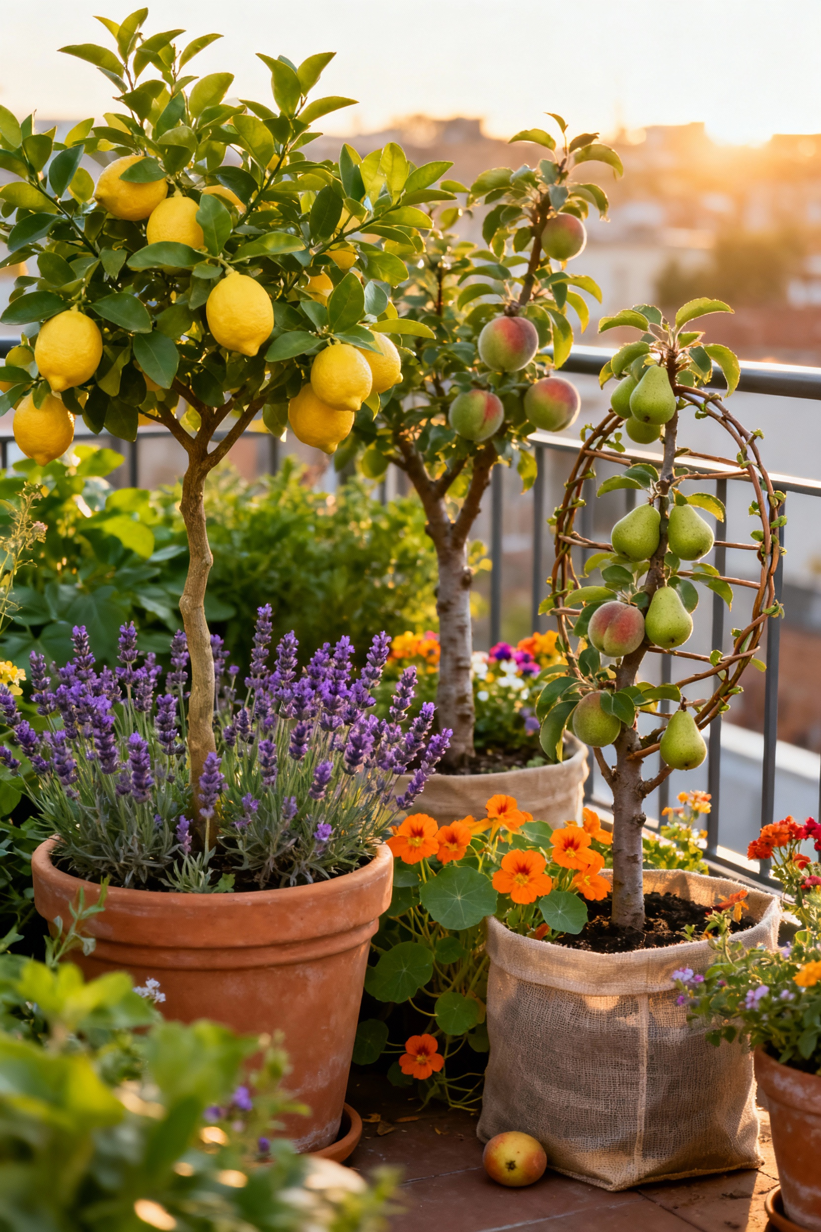 A variety of miniature fruit trees, including lemon, peach, and espalier pear, flourishing in terracotta pots on a sunlit balcony garden, enhanced by lavender and nasturtium companion plants.