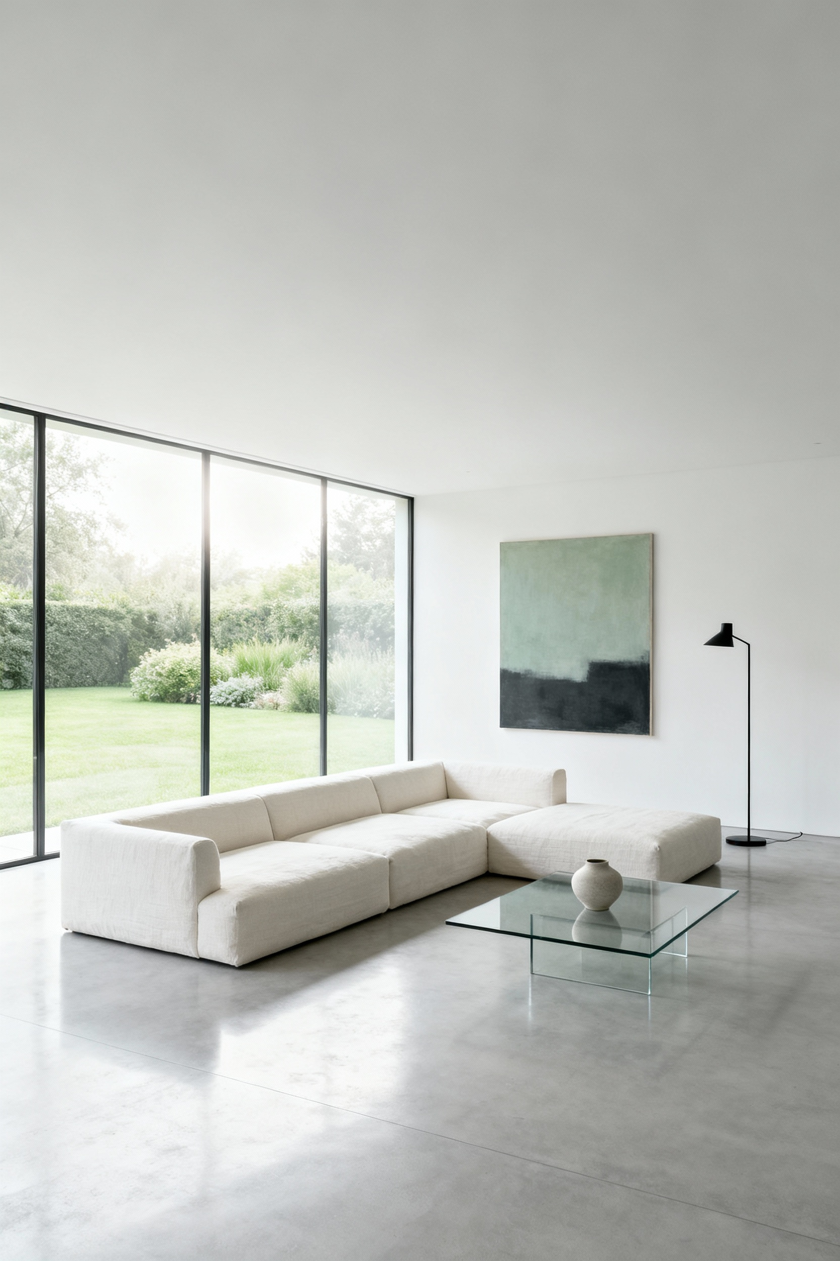 A photograph of an immaculate, minimalist modern living room designed for mental clarity, featuring white walls, light gray flooring, and a low cream sofa, bathed in natural light.