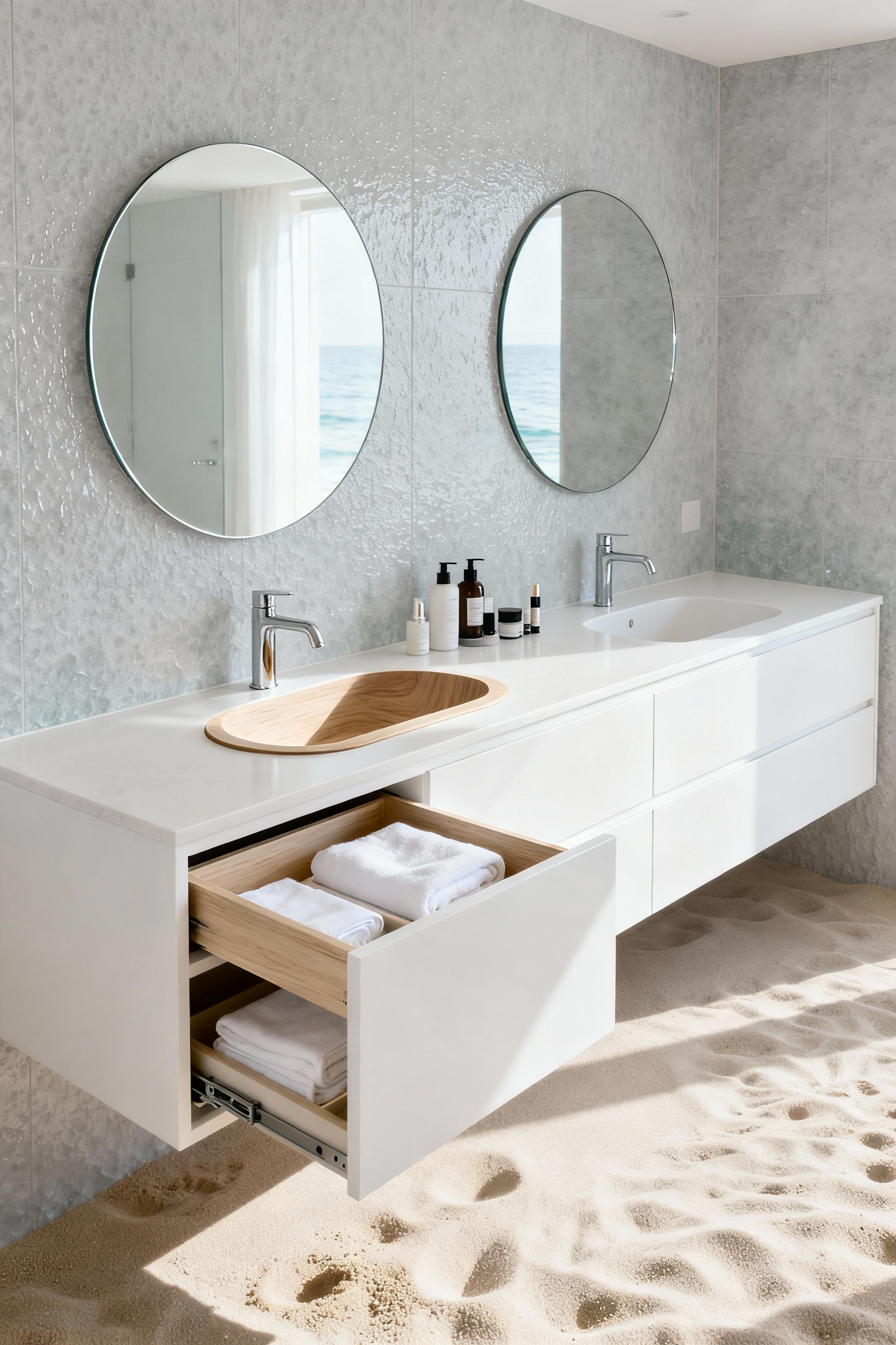A modern, floating white bathroom vanity with an open top drawer revealing a U-shaped organizational insert maximizing storage efficiency around the internal sink plumbing.