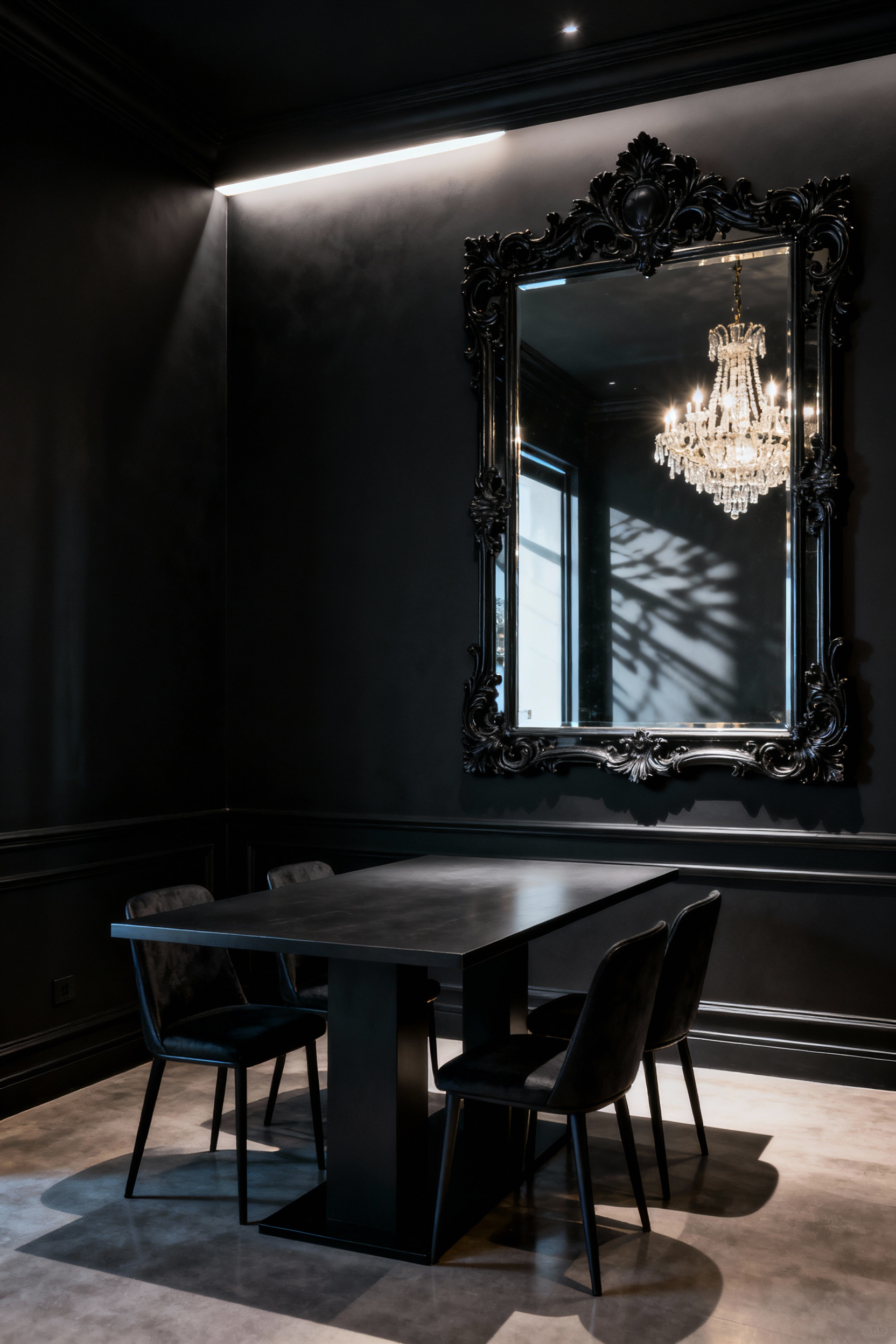 A chic black dining room featuring a large, ornate antique mirror on one wall, reflecting an elegant chandelier and creating an illusion of expanded space and added light.