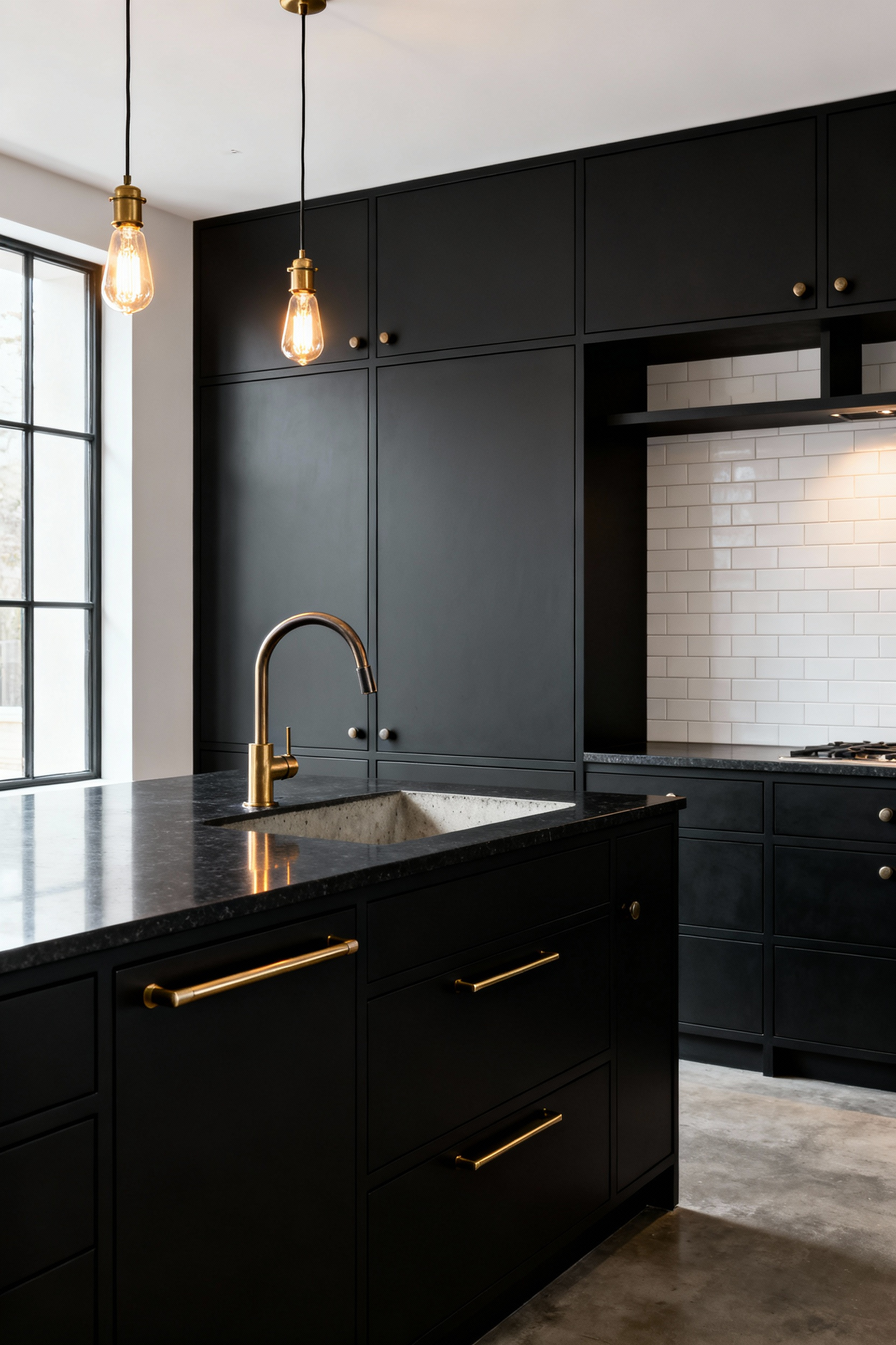 Industrial kitchen design showcasing a 70/30 hierarchy of finishes utilizing dominant matte black fixtures and raw brass accent hardware and pendant lights for cohesion.