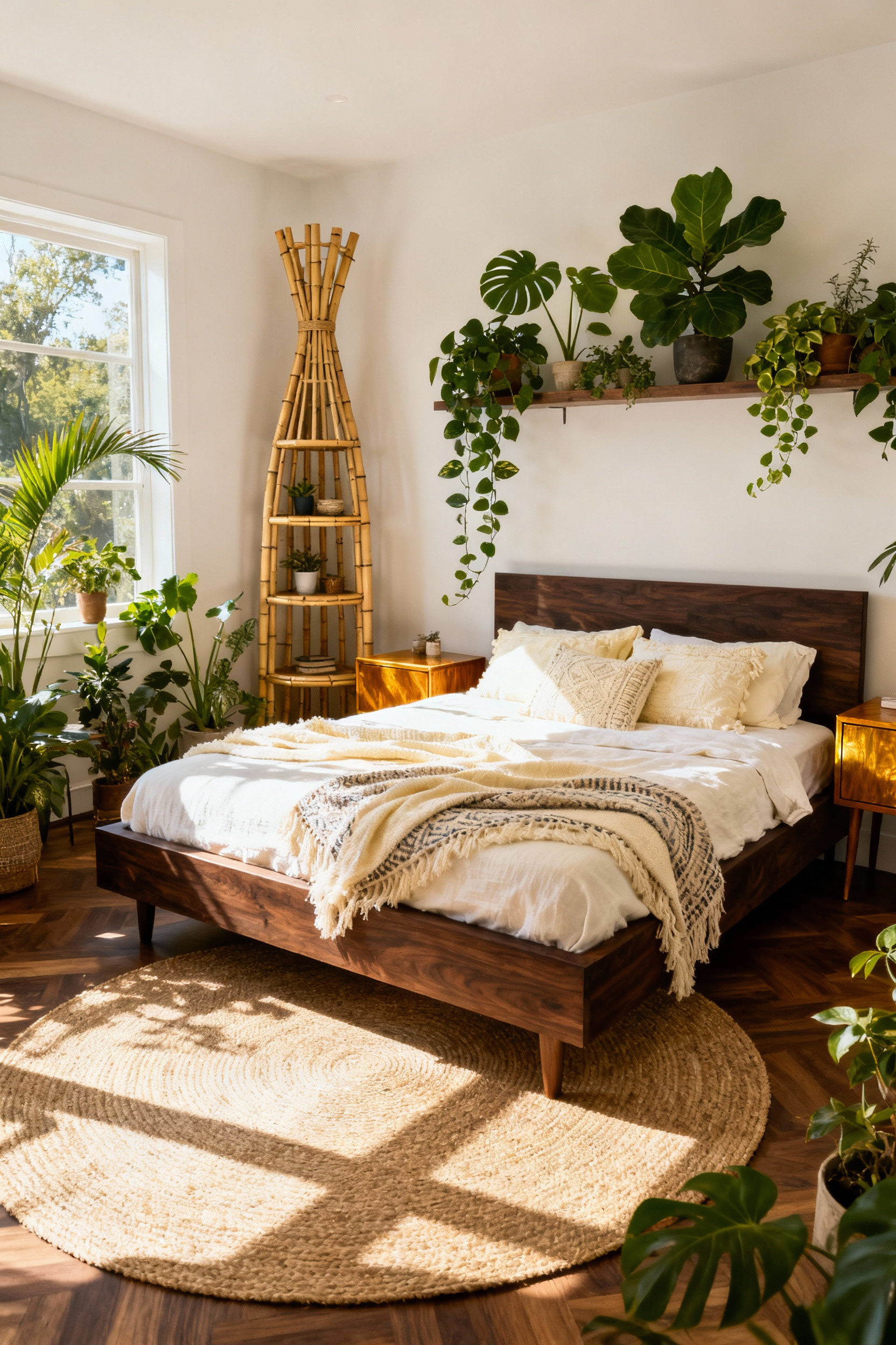 Eclectic boho bedroom featuring mixed wood tones: a dark walnut bed frame anchored by contrasting golden oak nightstands, accented with bamboo furniture and layered natural textiles.