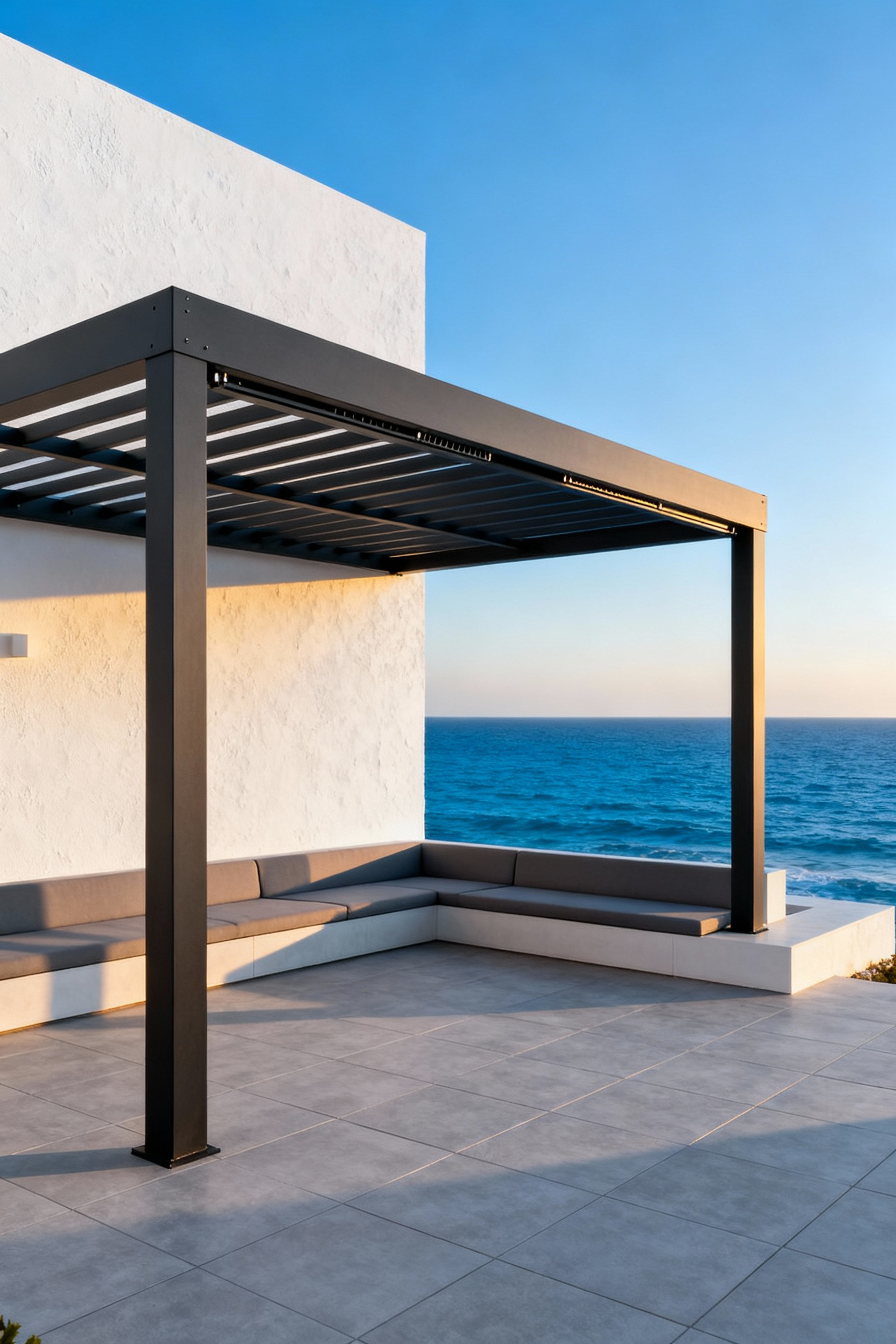 Wide shot of a sleek modern back porch pergola made of matte dark aluminum, highlighting the clean structural lines enabled by integrated, hidden gutter systems on a contemporary coastal home.