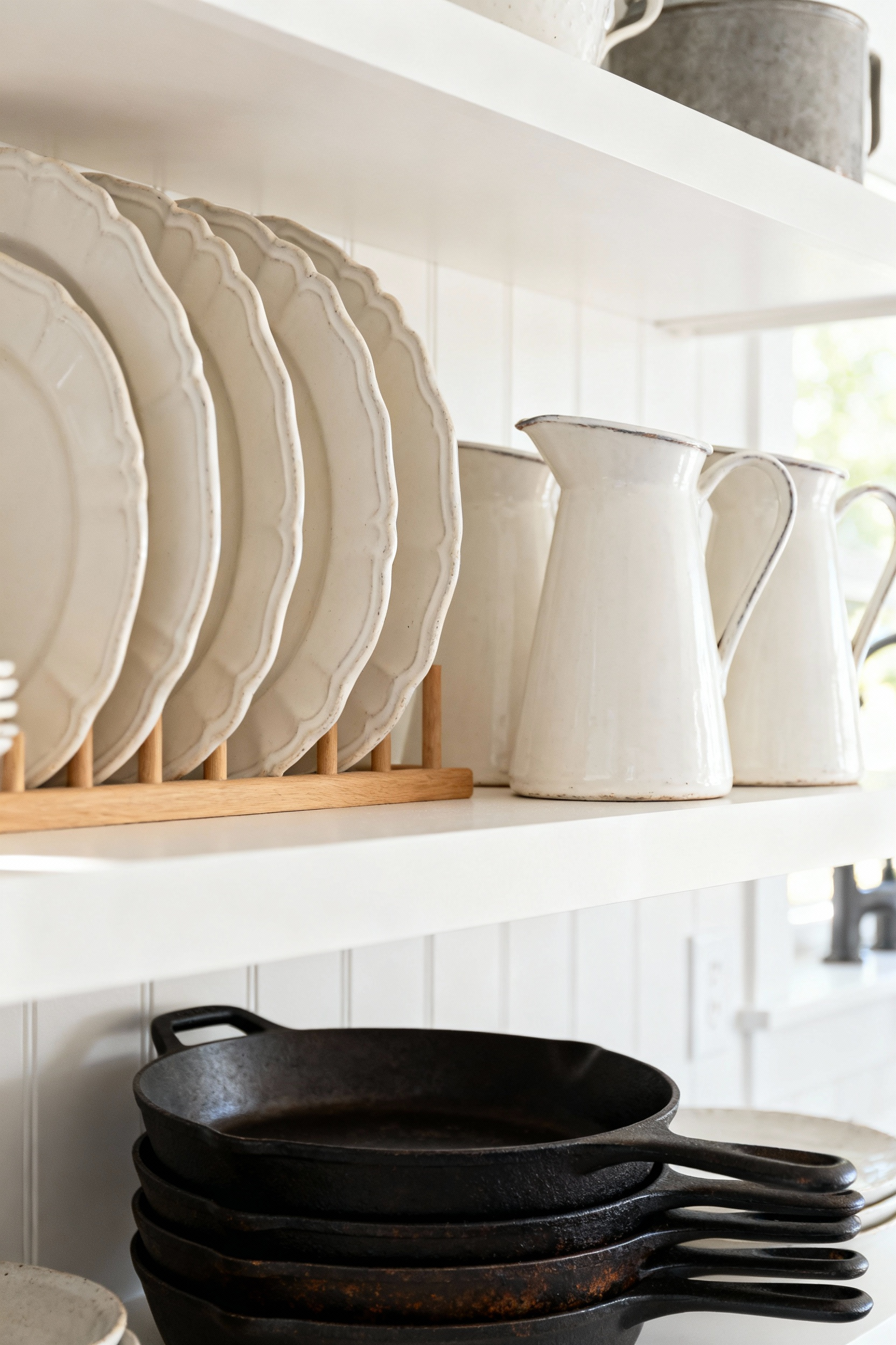 Open shelving in a modern farmhouse kitchen featuring stacked creamy white ironstone platters and pitchers contrasted against deep black cast iron cookware.