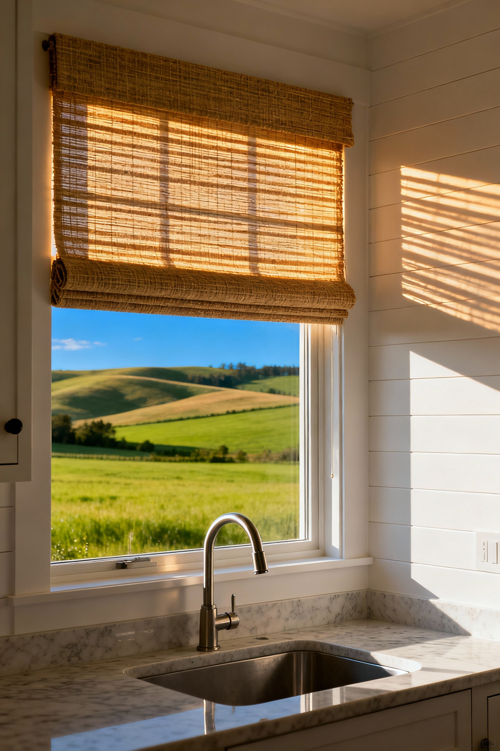 A large window in a modern farmhouse kitchen looks out onto rolling green hills. Partially drawn woven bamboo shades gently filter the sunlight, highlighting the biophilic connection between the indoor space and the outdoor farm view.