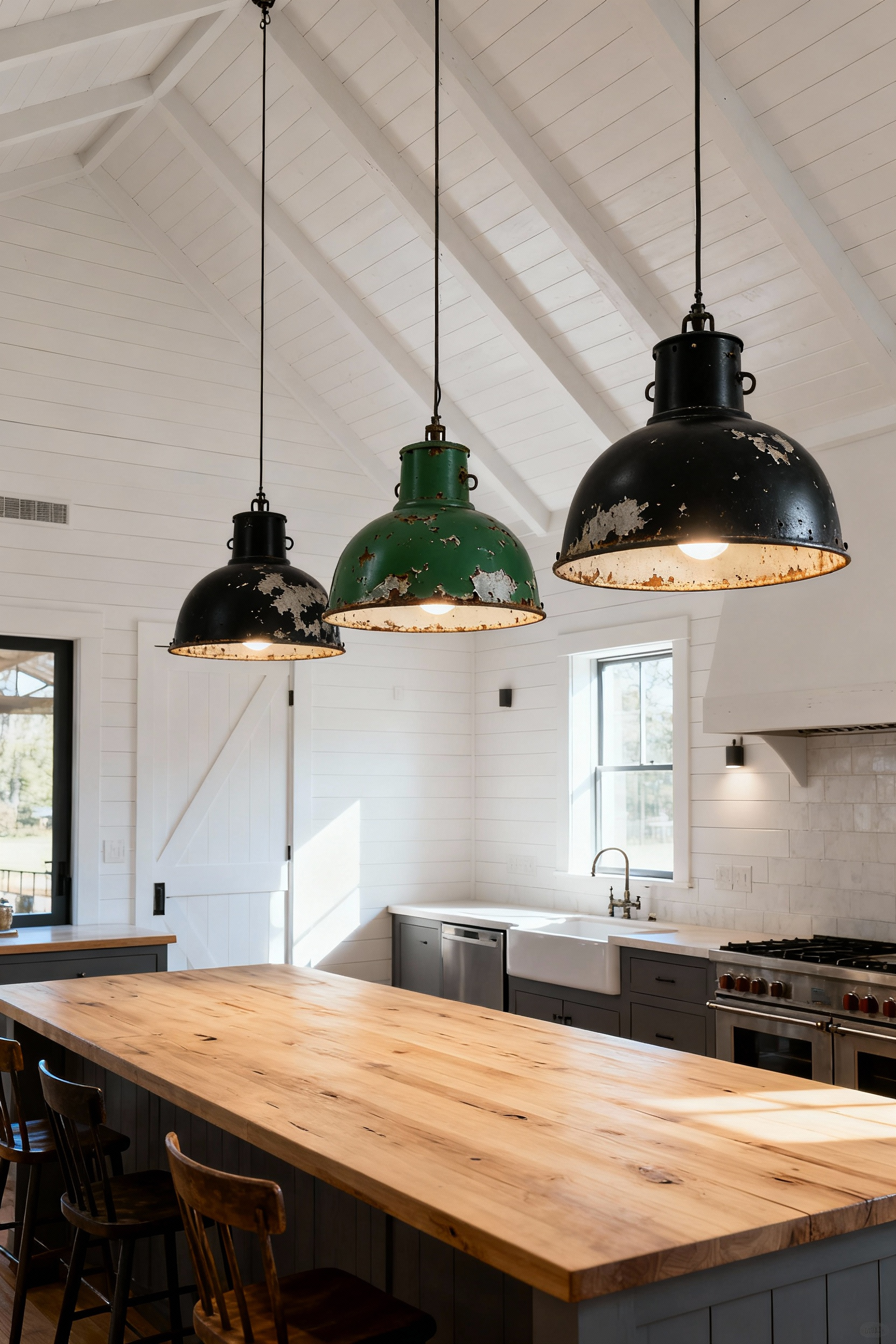Three oversized salvaged industrial factory pendant lights with chipped dark enamel hanging over a light oak kitchen island in a bright modern farmhouse kitchen with white shiplap walls.