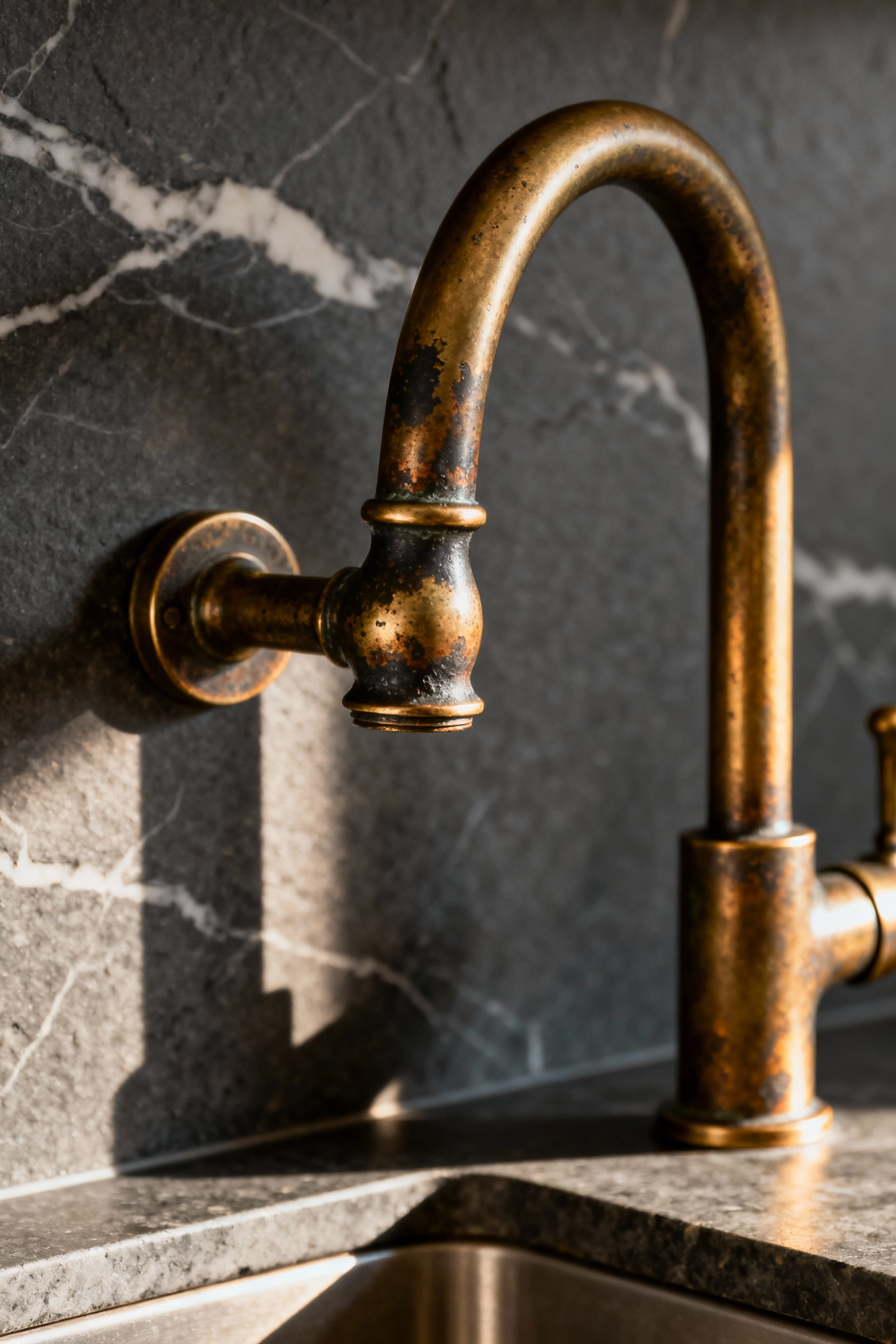 Close-up macro photograph of an unlacquered brass cabinet pull in a modern farmhouse kitchen, showing a natural dark patina developed from human touch against a matte dark soapstone countertop.