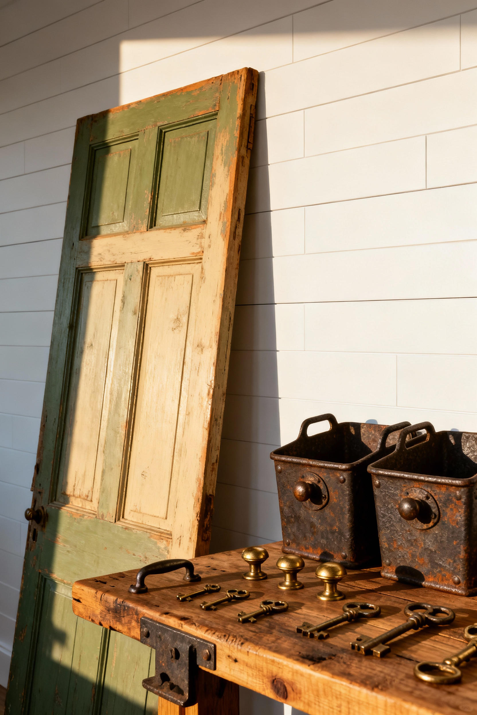 A collection of antique cast-iron hardware and bin pulls displayed next to a salvaged, weathered solid wood door, illustrating sustainable design elements for a modern farmhouse kitchen.