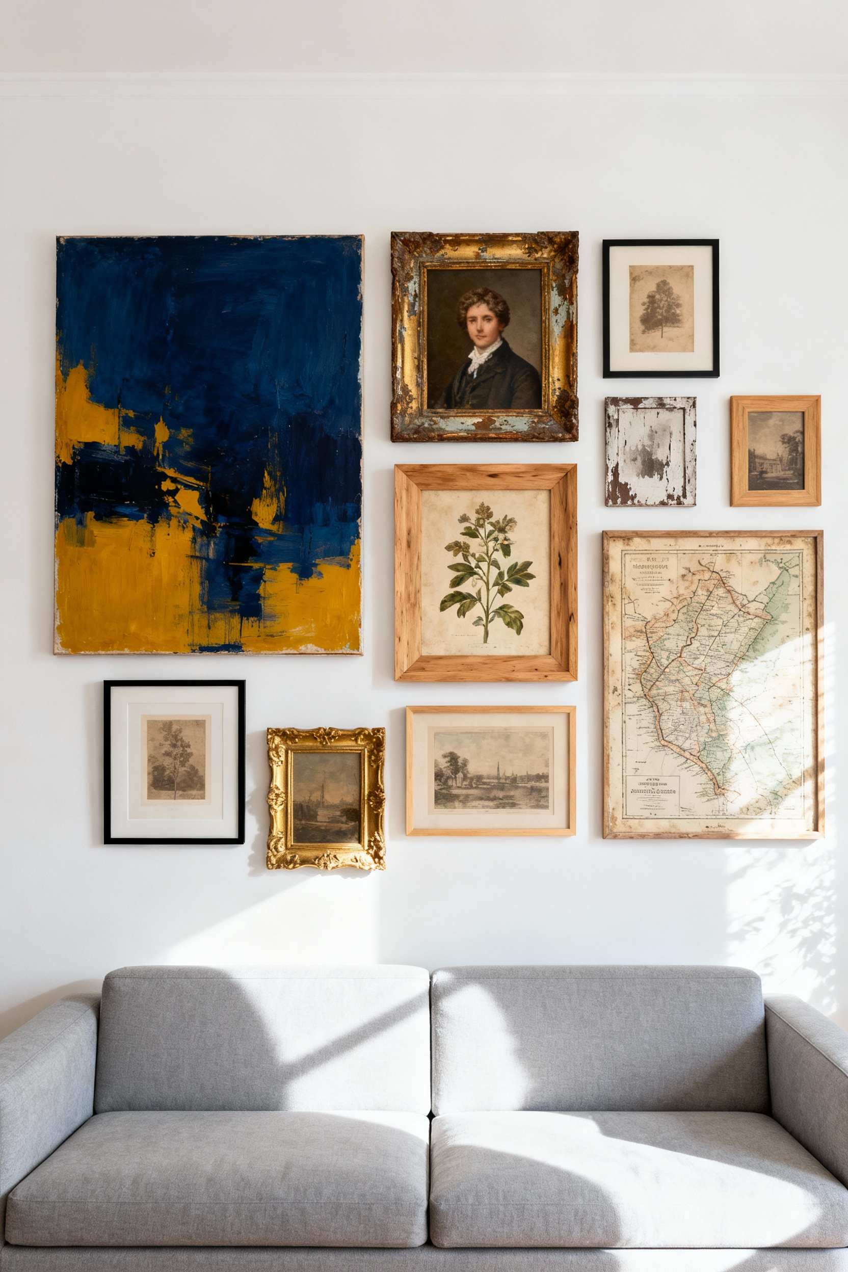 Modern living room featuring a gallery wall that expertly mixes large contemporary abstract art with smaller framed vintage sepia portraits and botanical prints.