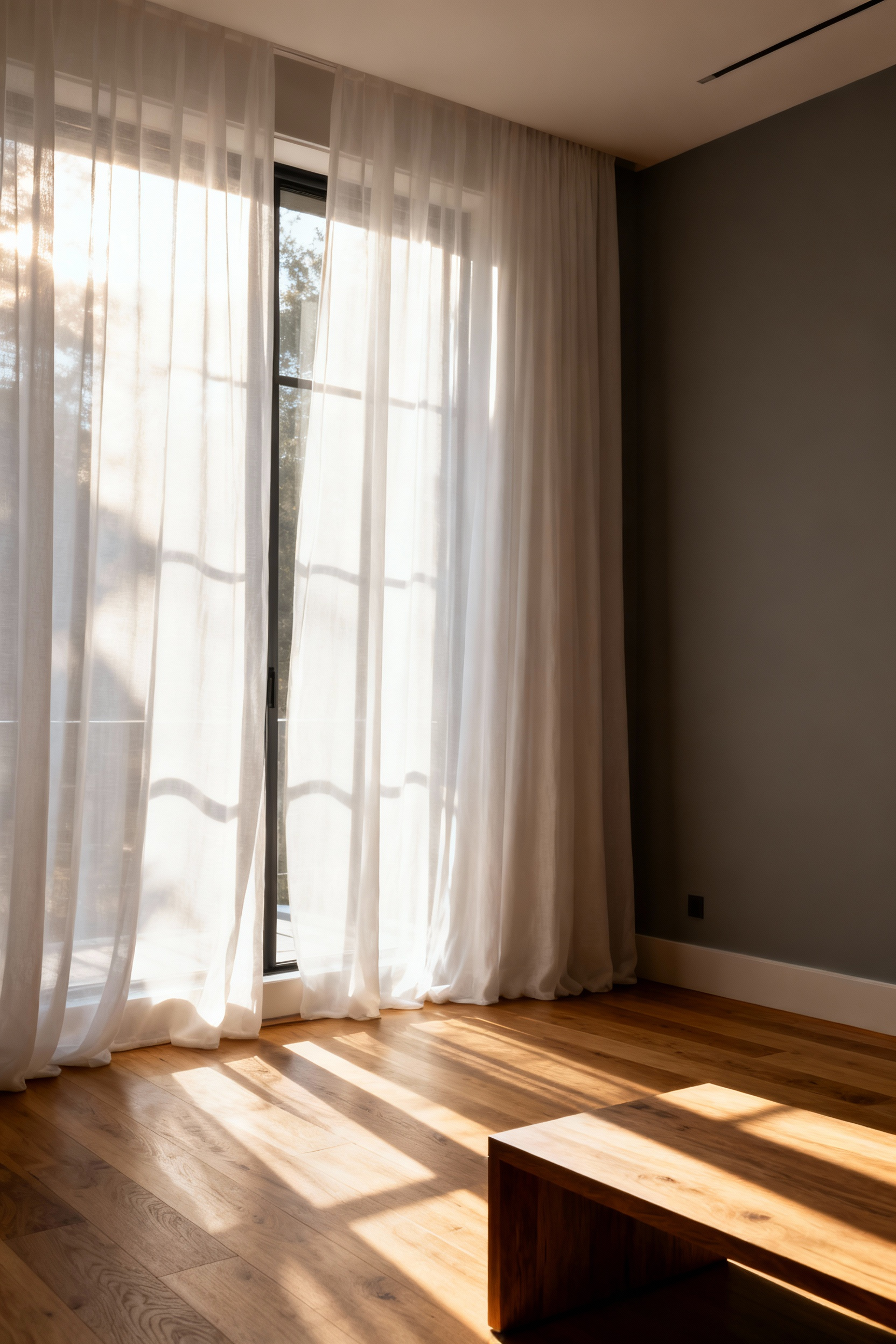 A photograph of a modern living room where sheer linen curtains diffuse bright sunlight, creating a soft, warm, low-contrast ethereal glow across natural wood floors and matte gray walls.