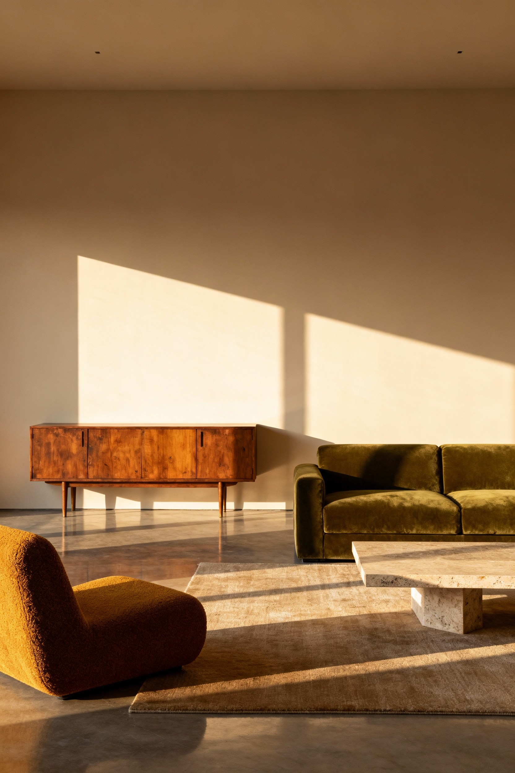 Contemporary living room featuring deep mossy olive velvet sofa and earthy turmeric accent chair, set against warm neutrals and walnut wood furniture for a modern retro look.