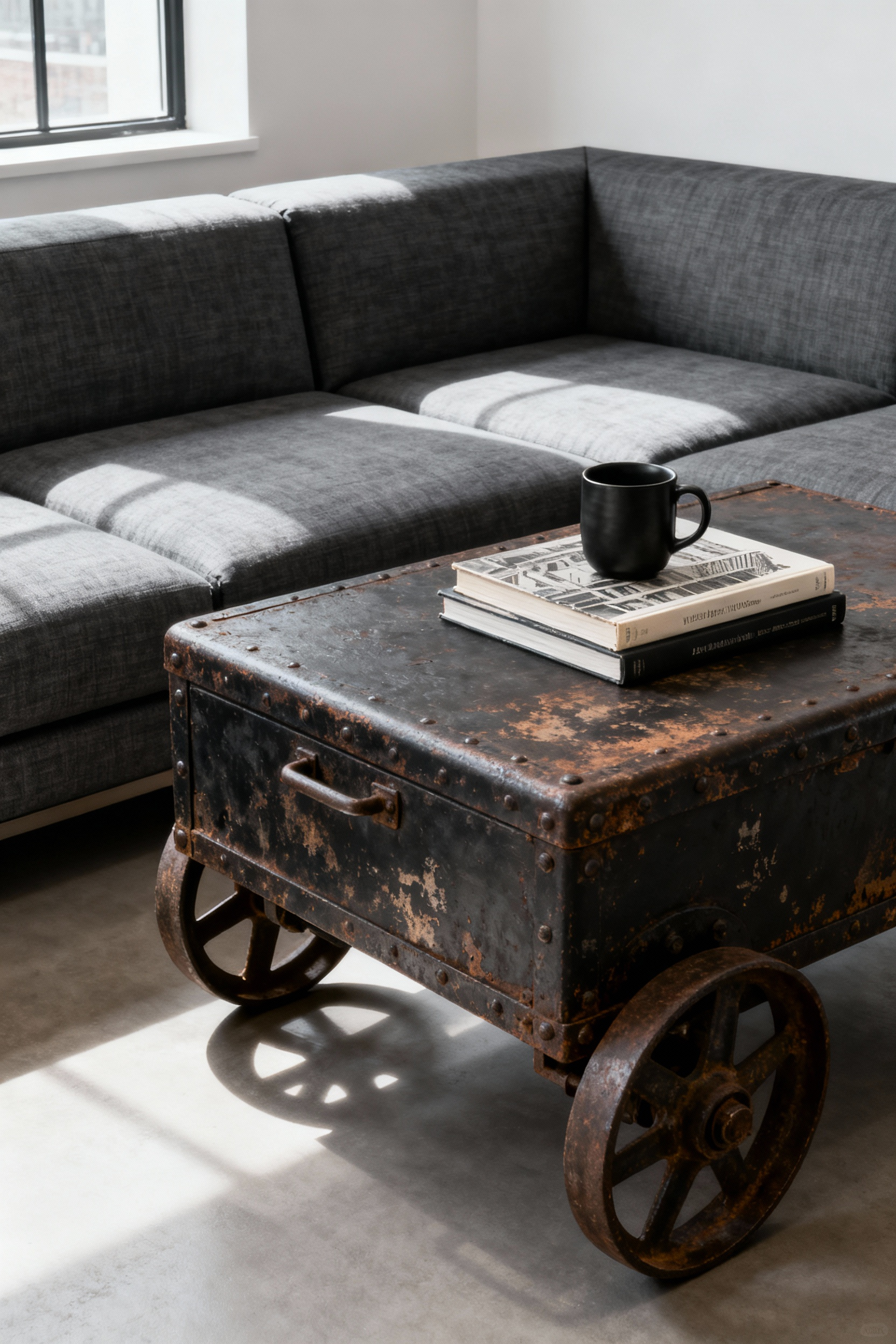 A sleek, low-slung modular charcoal sofa paired with a large, heavily patinated salvaged industrial metal cart used as an antique coffee table in a modern, sophisticated living room.