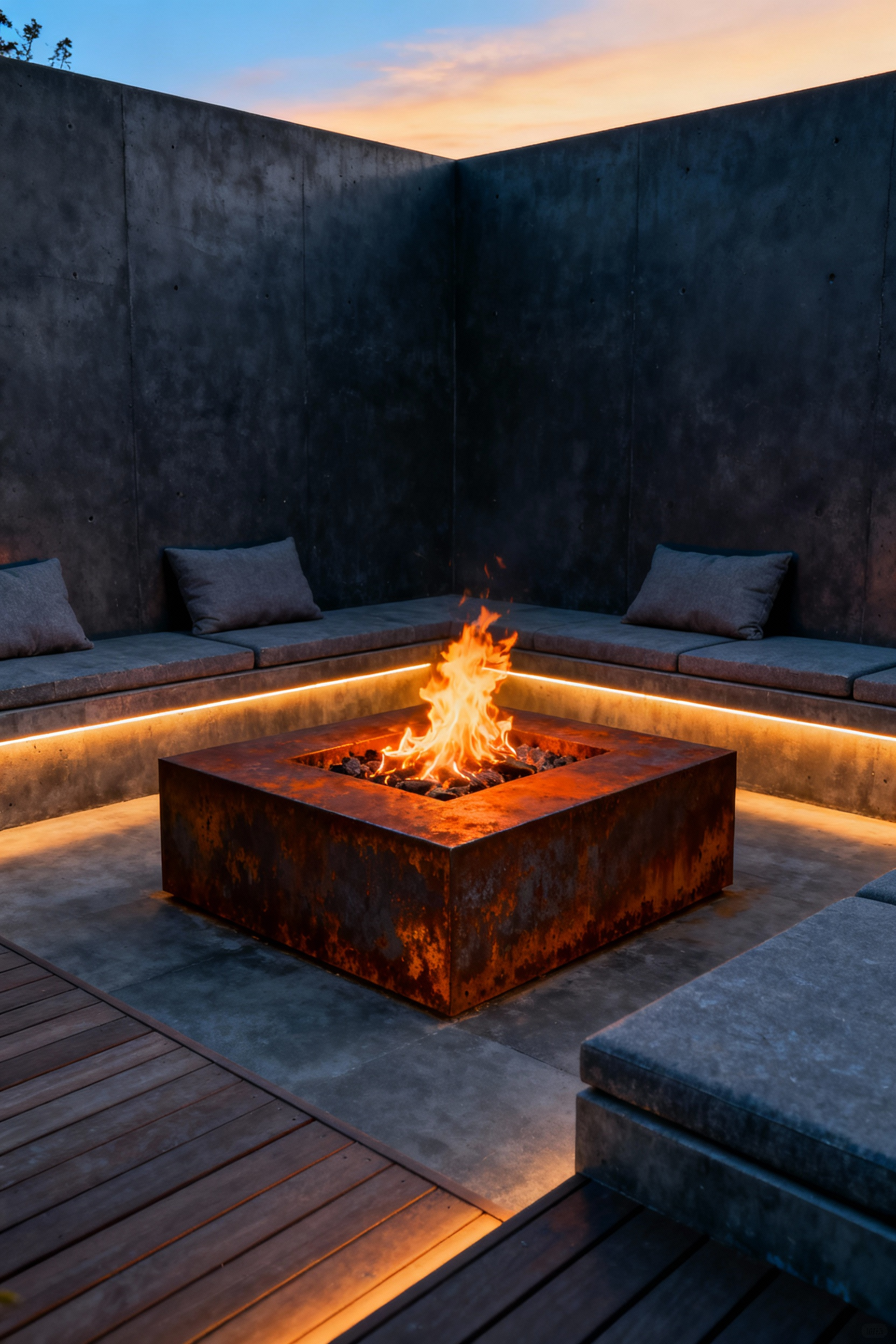 A modern, elemental sunken concrete seating area surrounding a rectangular Corten steel fire pit glowing during twilight, emphasizing strong architectural design.