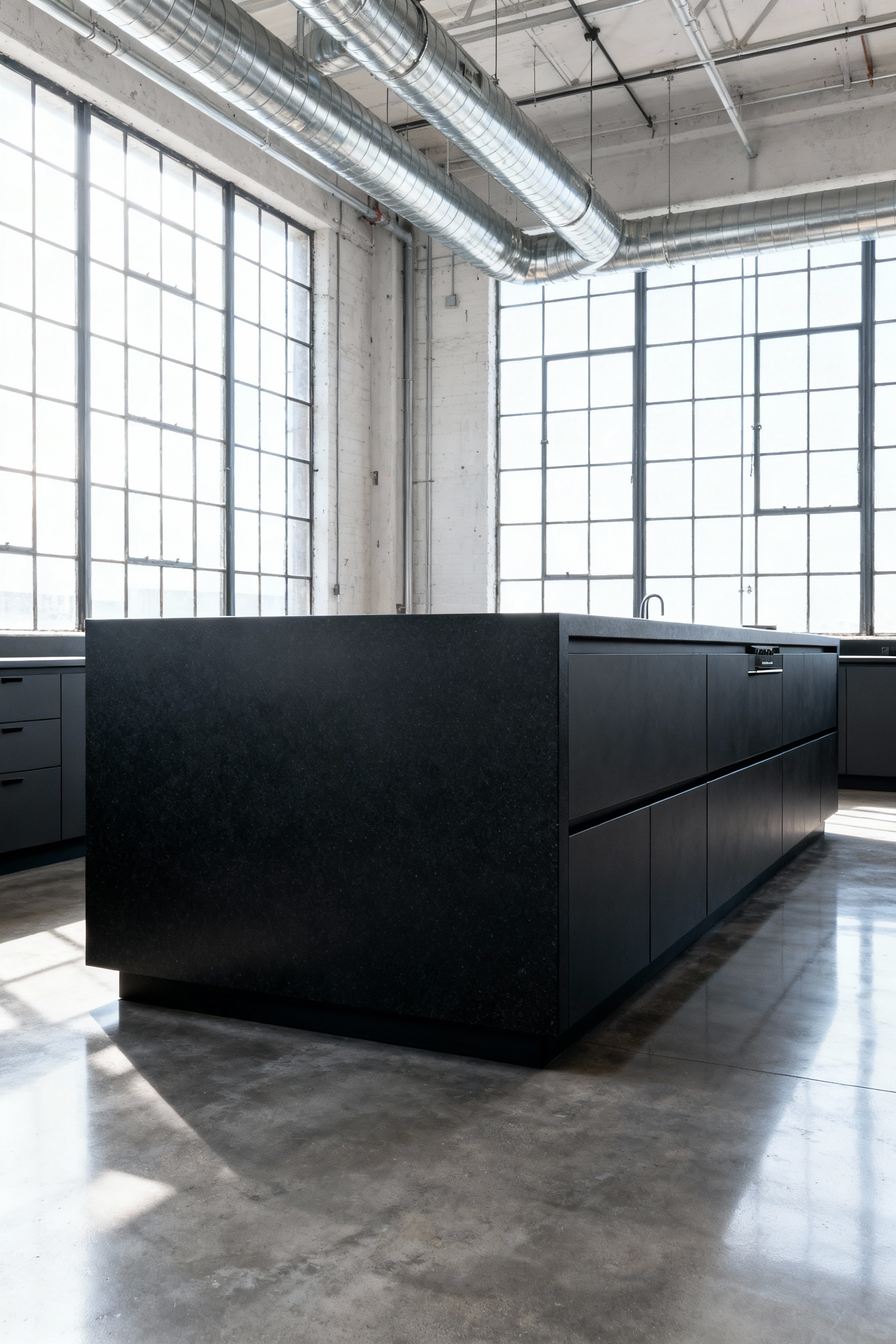 A massive, dark kitchen island with heavy cabinet bases sits in the center of a bright industrial loft, illustrating the "monolith effect" where the island dominates the usable open floor space due to poor scaling and proportion.
