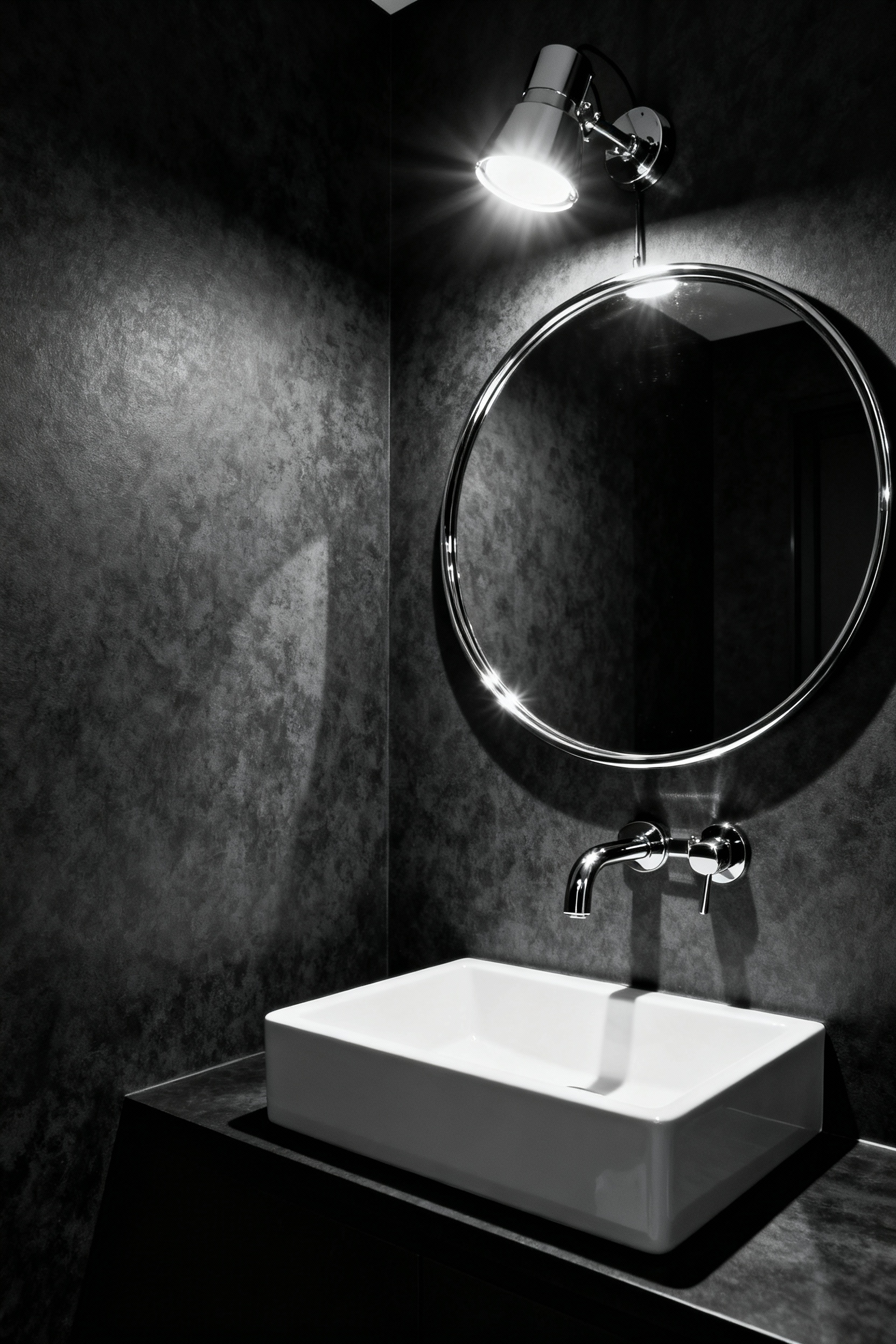 A luxurious, moody bathroom featuring deep charcoal gray matte wallpaper contrasted sharply with a highly reflective polished chrome wall-mounted faucet and minimalist white floating sink.
