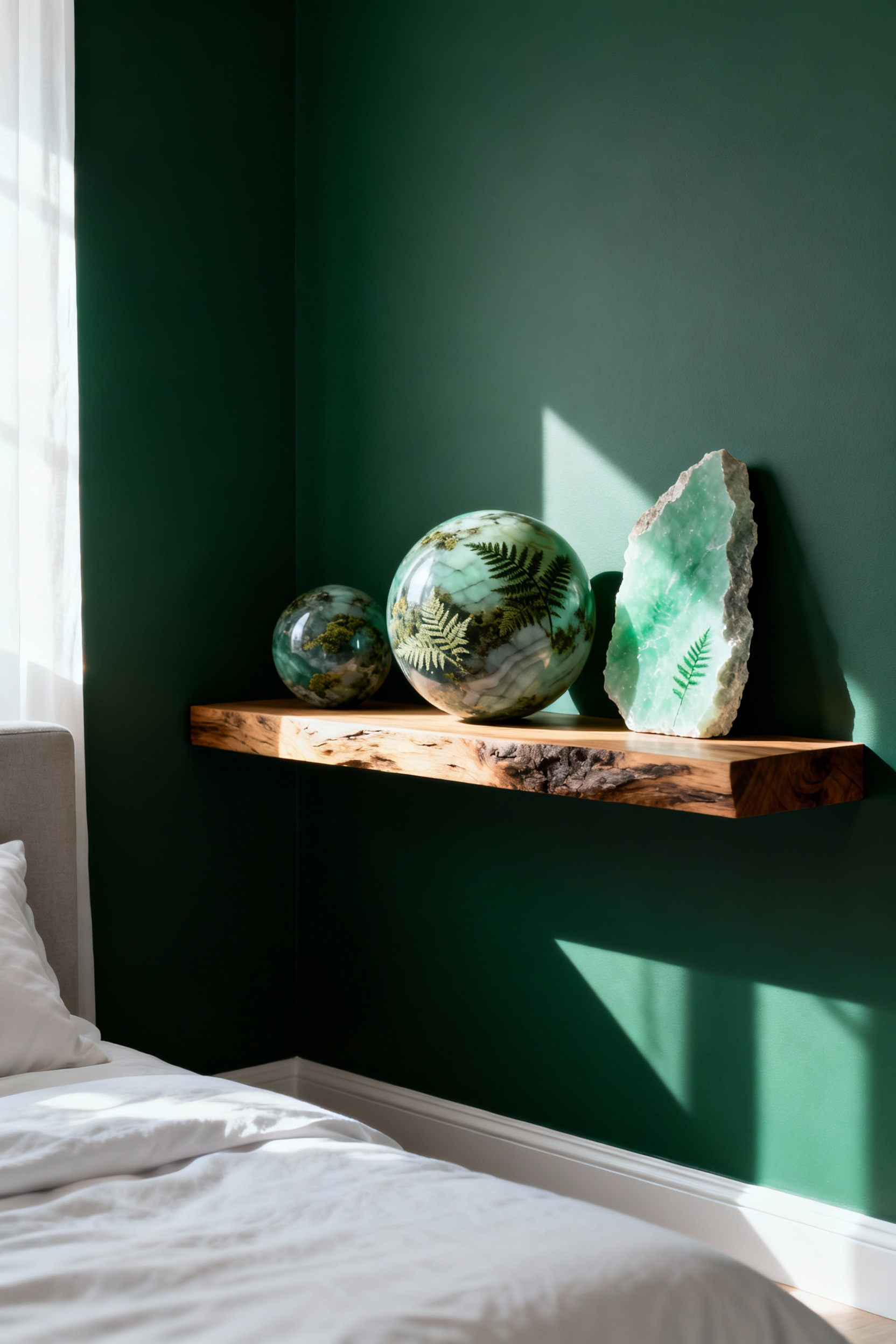 A modern green bedroom shelf featuring polished Moss Agate spheres and a raw Jade stone slab, grounding the aesthetic with natural stone accents and cool textures.