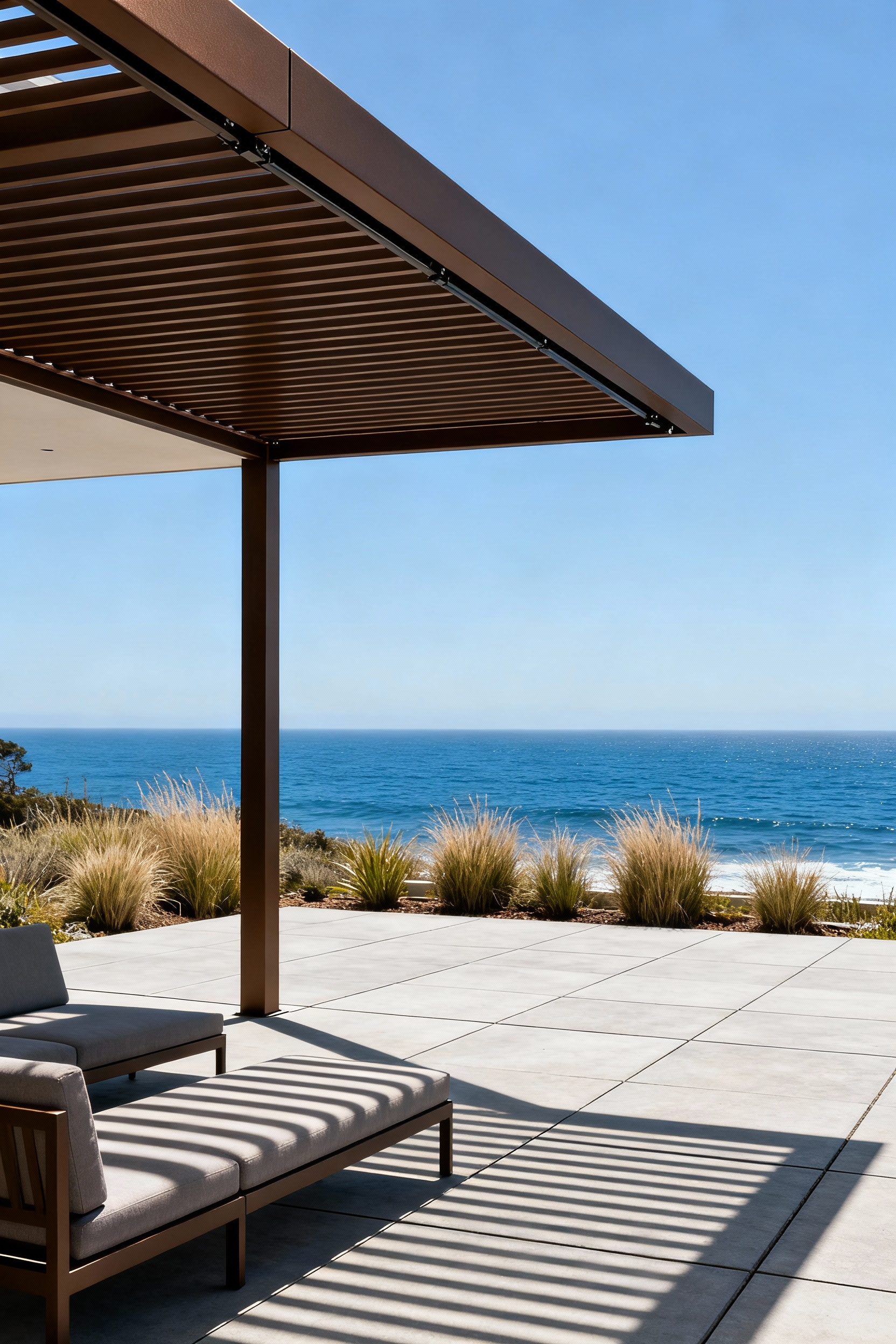 Detailed view of a modern matte bronze aluminum motorized louvered roof pergola installed on a luxury coastal back porch overlooking the ocean, demonstrating the slats angled for controlled ventilation.