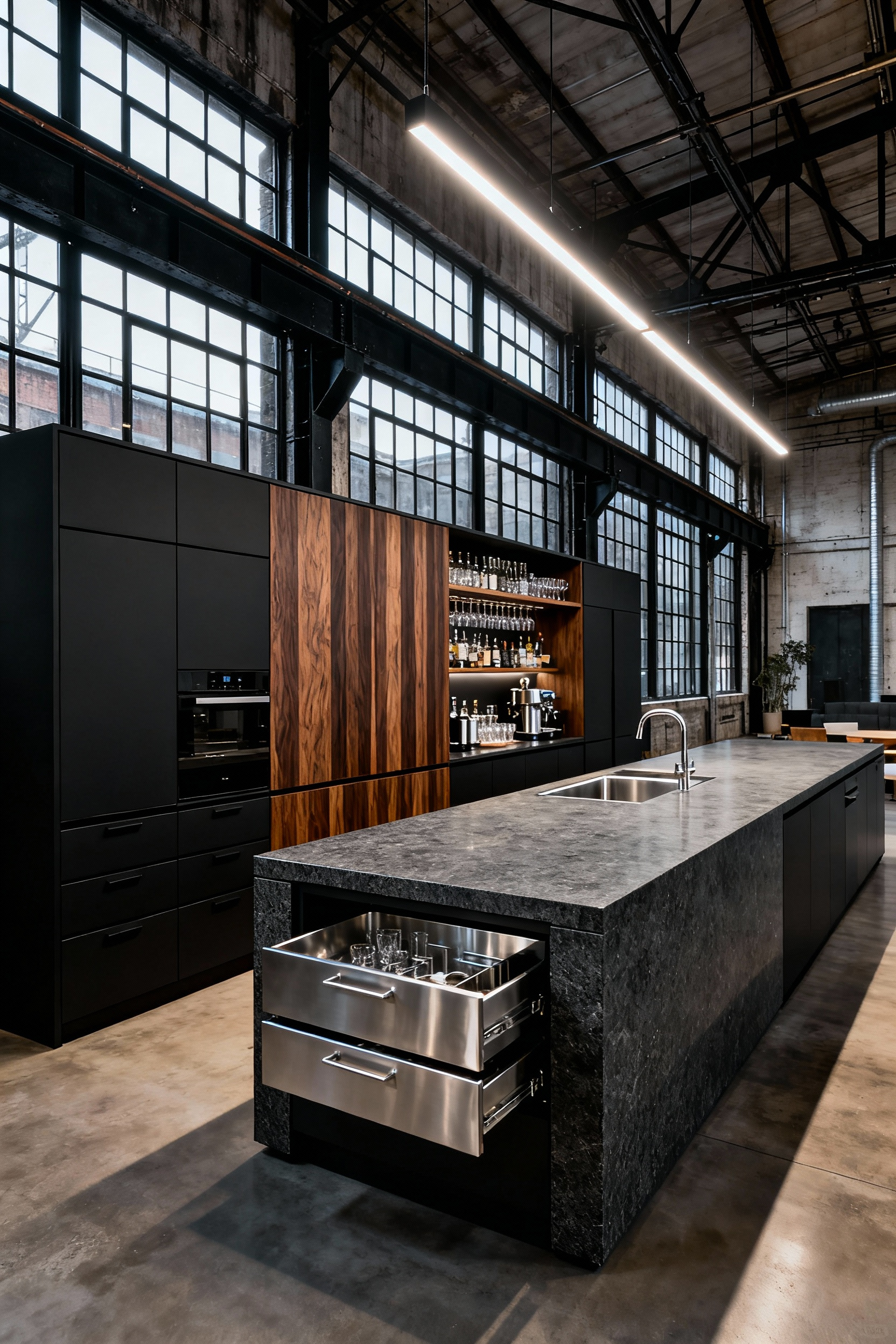 A modern, multi-zoned kitchen island showcasing engineered cabinetry in an industrial loft; distinct sections for prep, storage, and socializing are visible.