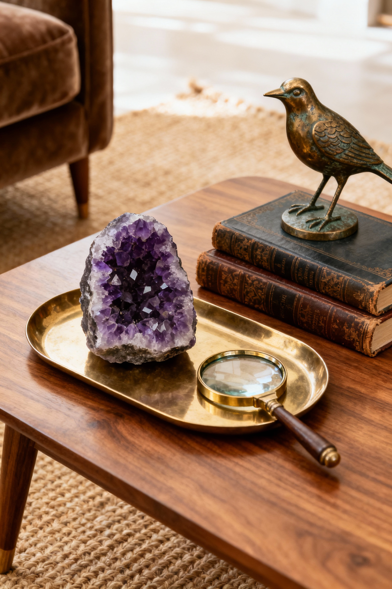 High-angle photograph of a mid-century modern teak coffee table anchored by a polished brass tray, displaying unique flea market curiosities including an amethyst crystal and vintage spyglass.