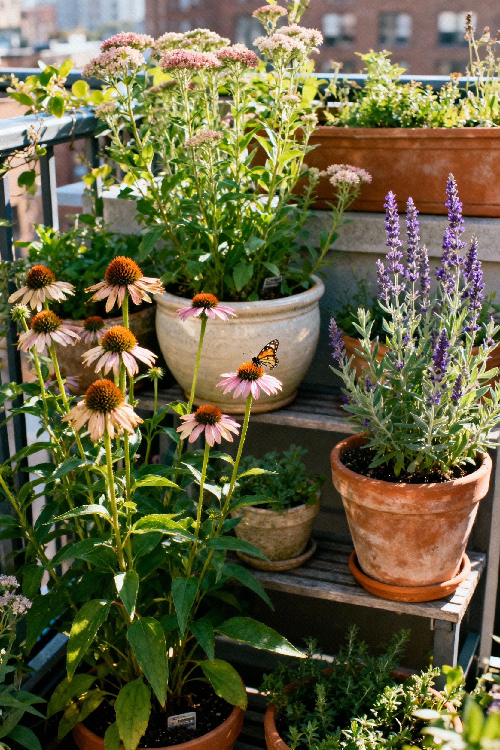 Vibrant balcony garden filled with diverse native pollinator-attracting flowers, supporting local ecology in an urban setting.