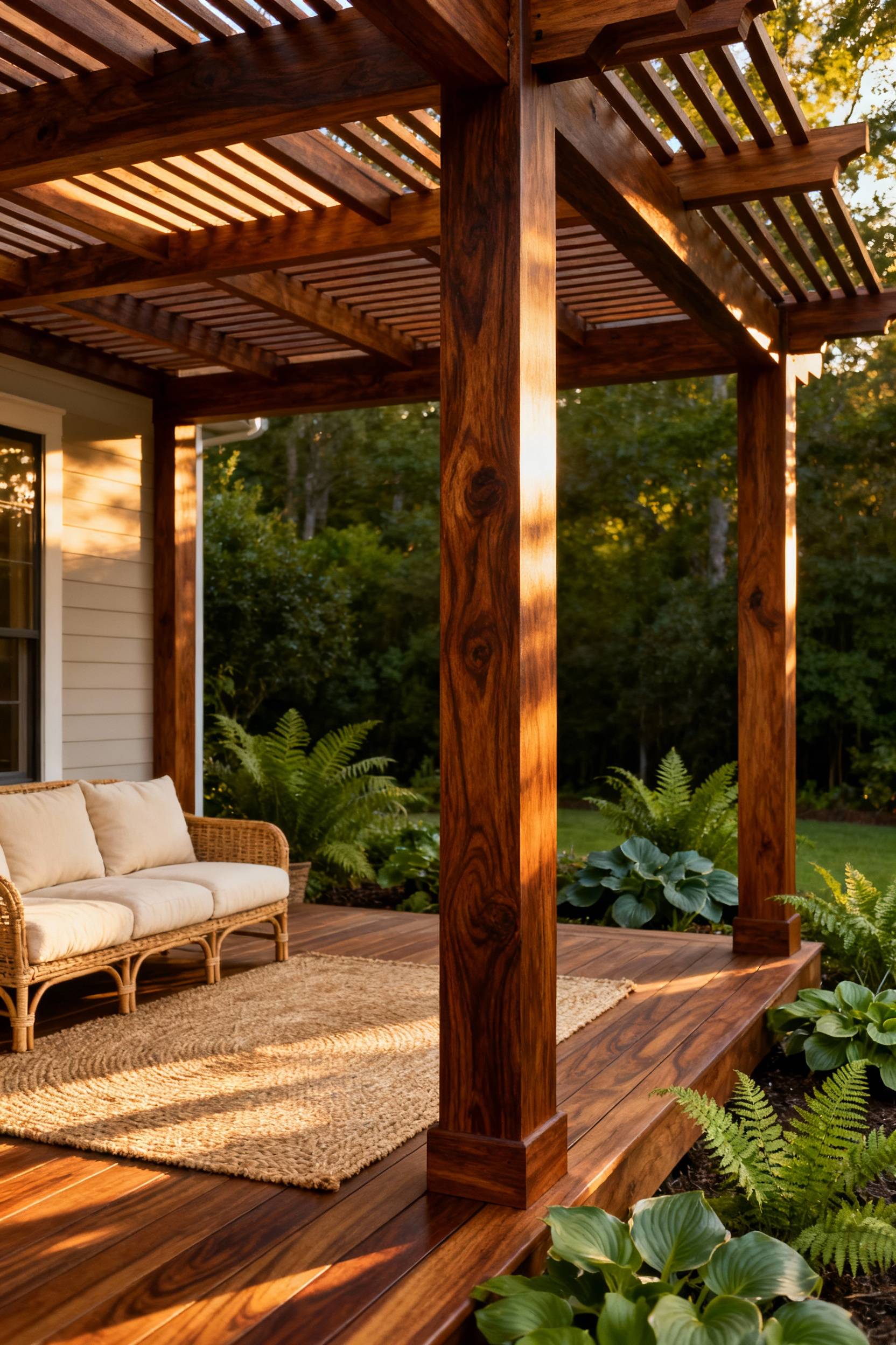A large back porch pergola finished in a rich natural teak stain, highlighting the deep wood grain texture, designed as a restorative, biophilic outdoor shelter.