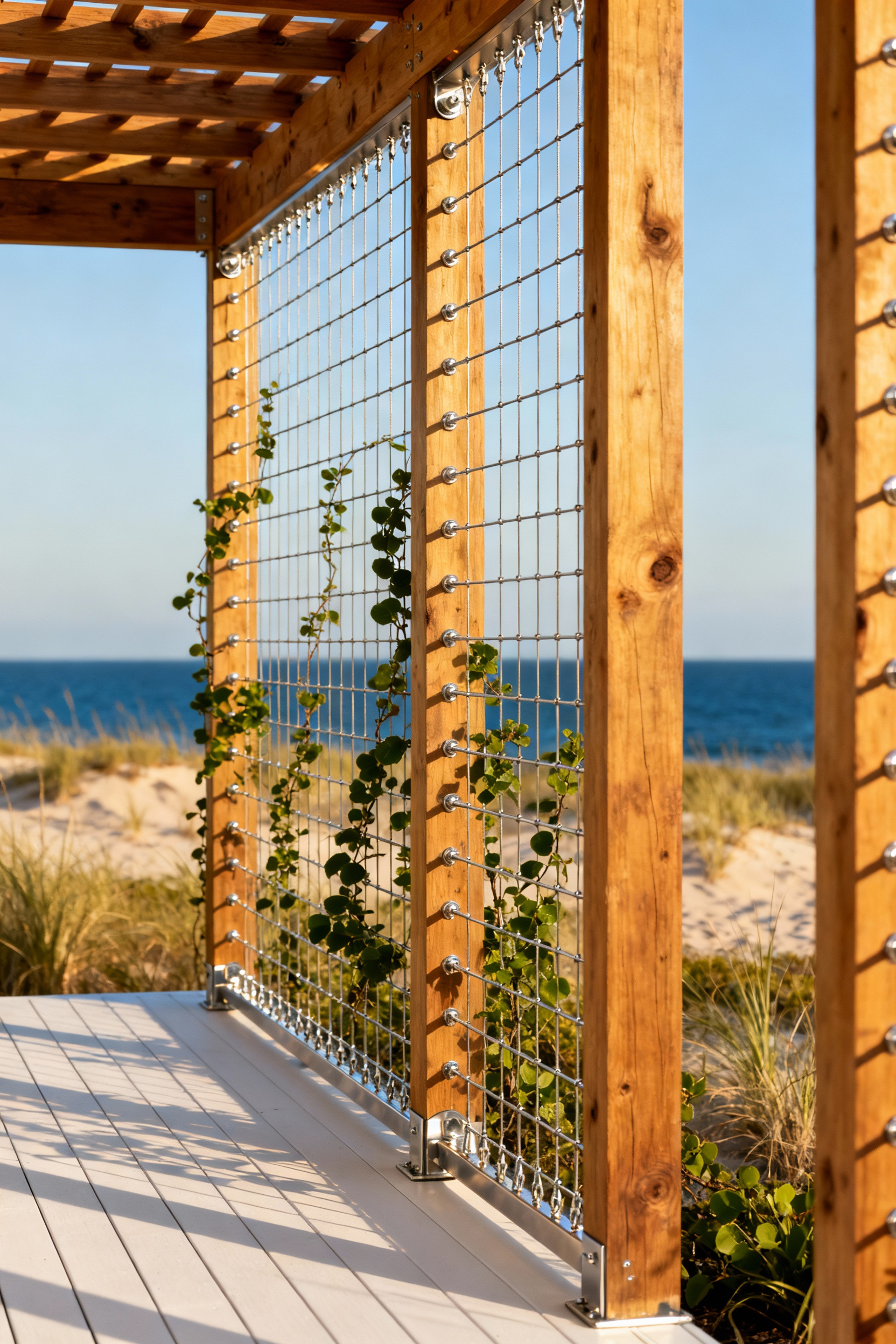 A modern back porch pergola featuring marine-grade stainless steel tension wires used as a durable, industrial-chic trellis for climbing vines on a coastal property.