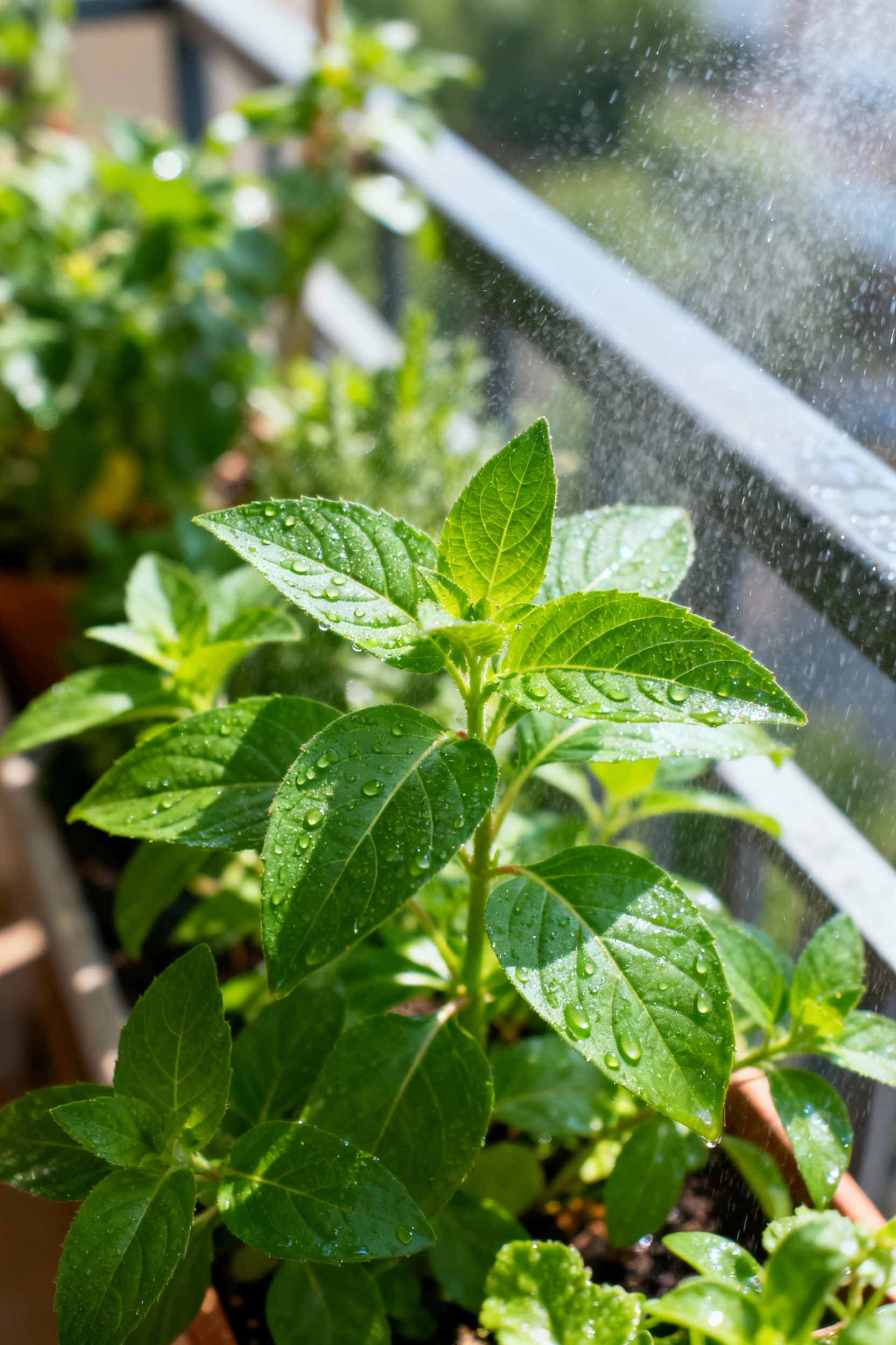 Close-up of vibrant green plant leaves on a balcony, being gently misted with an organic insecticidal solution, symbolizing a proactive organic integrated pest management routine for a healthy garden.